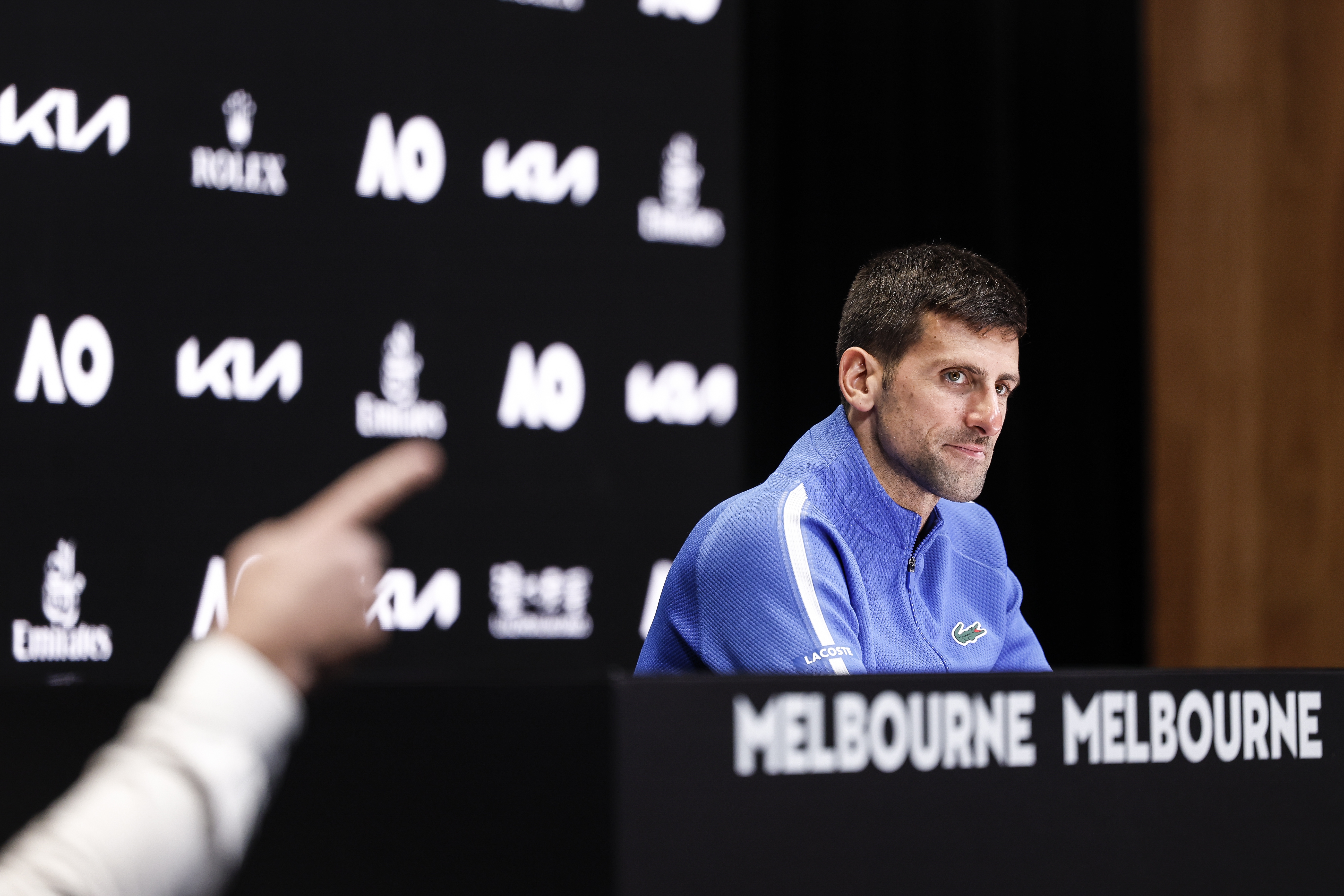 epaselect epa11105095 Novak Djokovic of Serbia looks on during a press conference after losing the Men's semi final match against Jannik Sinner of Italy at the Australian Open tennis tournament in Melbourne, Australia, 26 January 2024.  EPA-EFE/MAST IRHAM