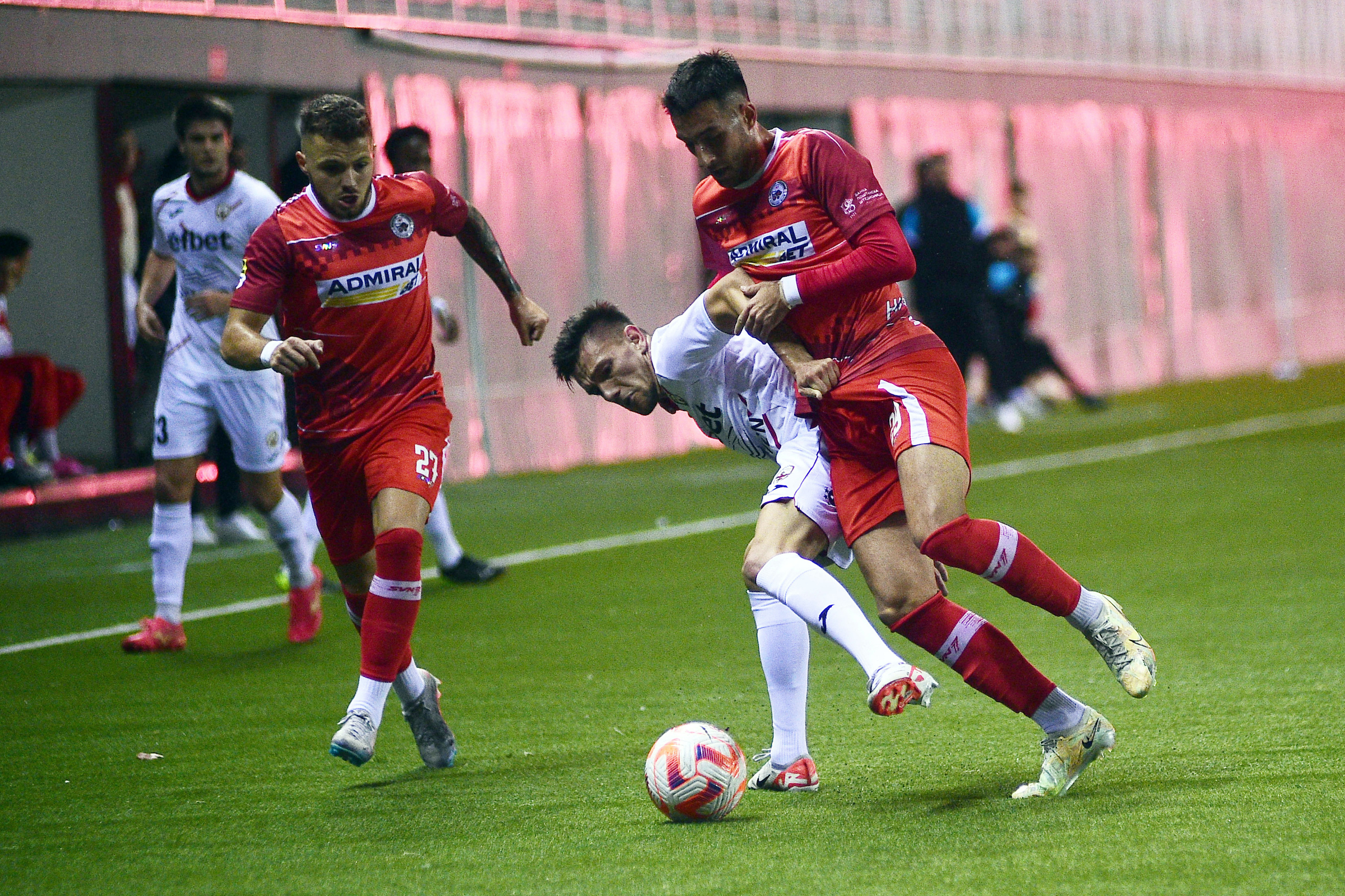 Vladimir Radocaj (L), Nikola Duricic (M) and Veljko Kijevcanin (R) at Mozzart Super Liga Srbije 2023/2024 match between fk Vozdovac and fk IMT, played at Stadium Shopping Center, 02.12.2023, Belgrade, Serbia. (Photo by Dusan Milenkovic/Starsport.rs ©)