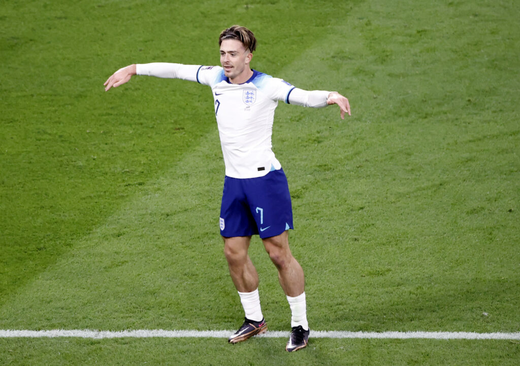 epa10318203 Jack Grealish of England celebrates scoring the 6-1 lead during the FIFA World Cup 2022 group B soccer match between England and Iran at Khalifa International Stadium in Doha, Qatar, 21 November 2022.  EPA-EFE/Rolex dela Pena