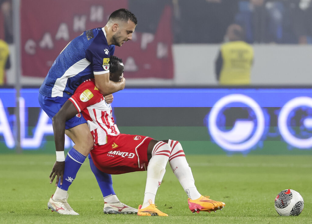 Cherif Ndiaye (R) is challenged by Djordje Crnomarkovic during the Serbia Cup Kup Srbije Final match between Crvena Zvezda and Vojvodina at stadium Lagator on May 21, 2024 in Loznica, Serbia. (Photo by Srdjan Stevanovic/Starsport.rs ©)