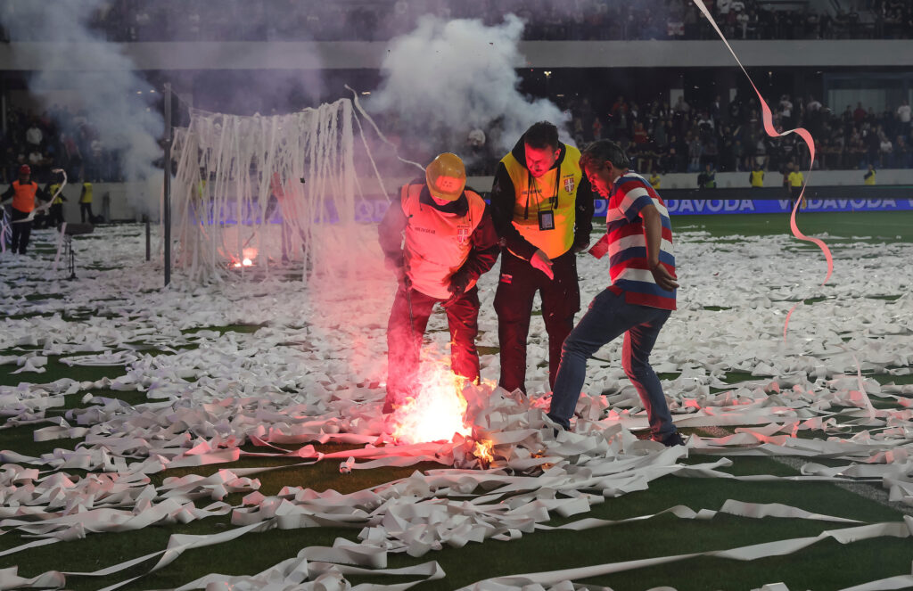 Miljan Milosevic (R) vatrogasci, firemans, during the Serbia Cup Kup Srbije Final match between Crvena Zvezda and Vojvodina at stadium Lagator on May 21, 2024 in Loznica, Serbia. (Photo by Srdjan Stevanovic/Starsport.rs ©)