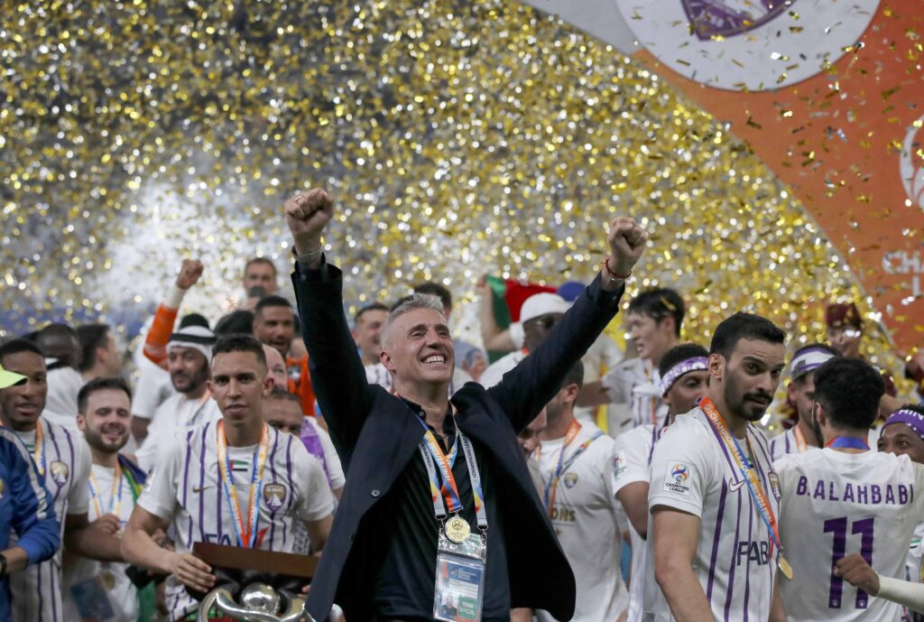 epa11369850 Al Ain head coach Hernan Crespo celebrates after winning the AFC Champions League final, 2nd leg soccer match of Al Ain against Yokohama F. Marinos, in Al Ain, United Arab Emirates, 25 May 2024.  EPA-EFE/ALI HAIDER