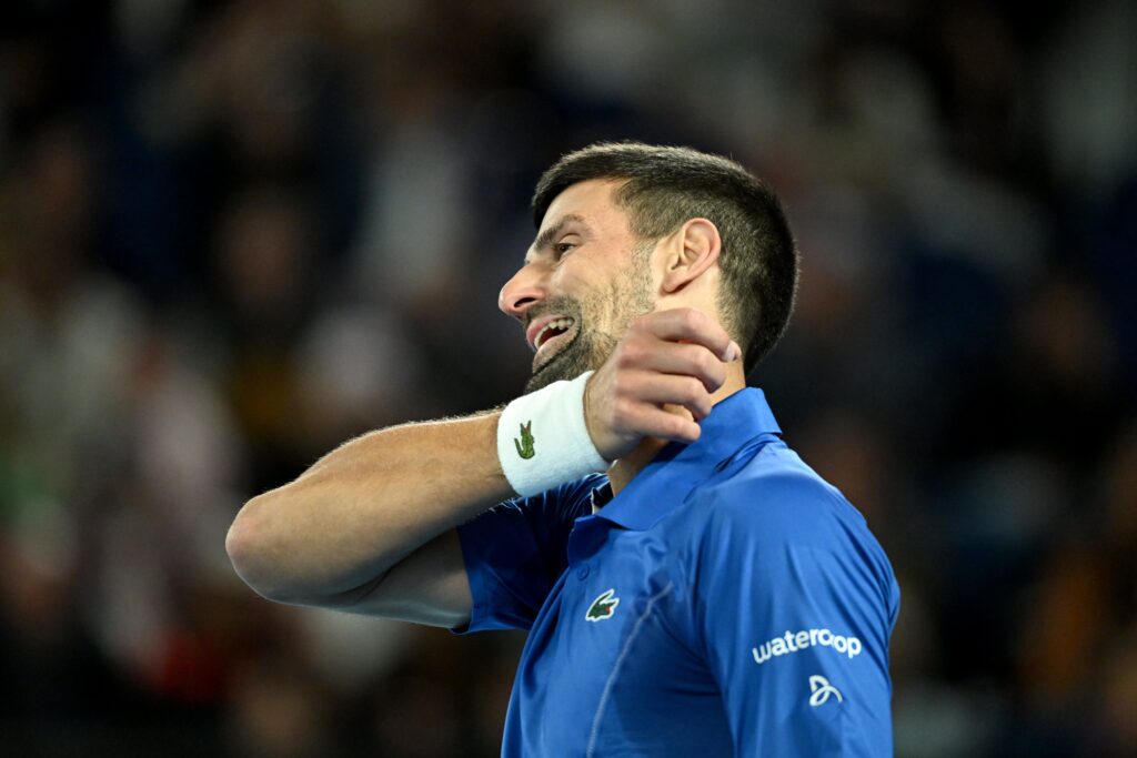 epa11084987 Novak Djokovic of Serbia reacts during his round 2 match against Alexei Popyrin of Australia on Day 4 of the 2024 Australian Open at Melbourne Park in Melbourne, Australia, 17 January 2024.  EPA-EFE/JAMES ROSS  AUSTRALIA AND NEW ZEALAND OUT