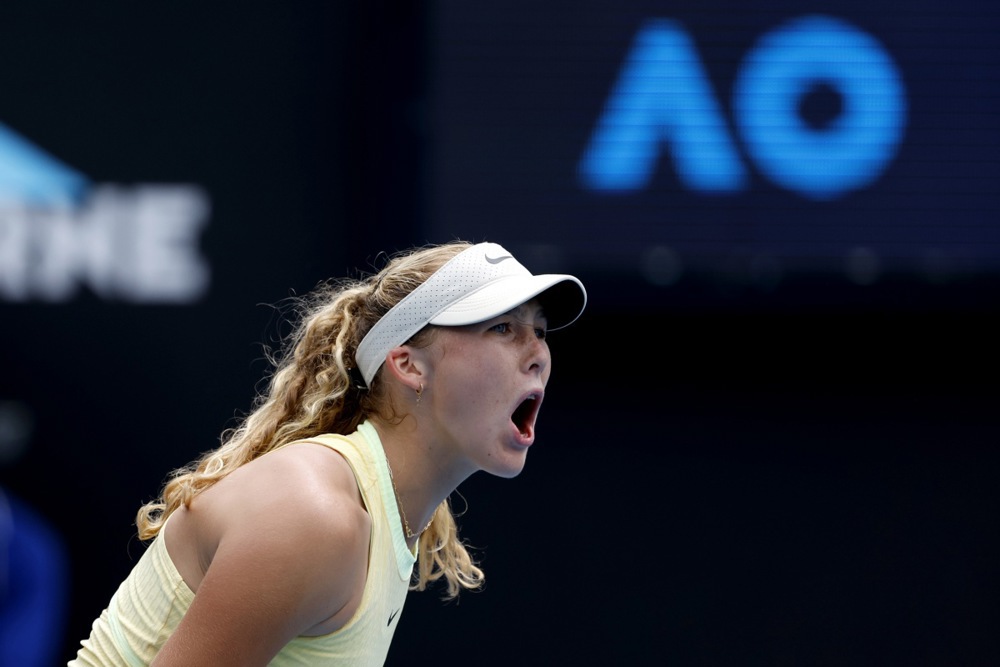 epa11088745 Mirra Andreeva of Russia reacts against Diane Parry of France during the Women's 3rd round match at the Australian Open tennis tournament in Melbourne, Australia, 19 January 2024. .  EPA-EFE/MAST IRHAM