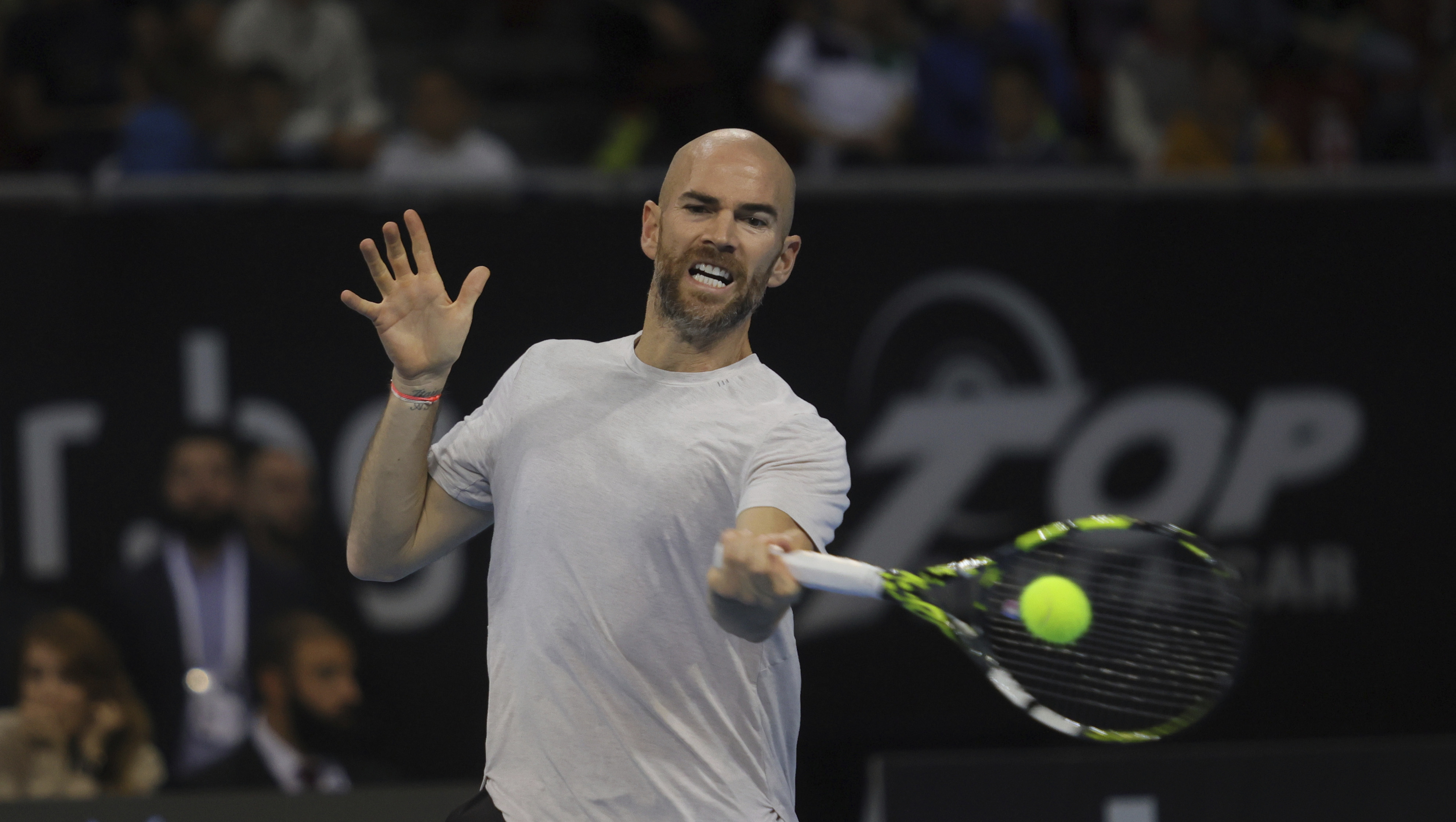 Adrian Mannarino from France returns a shot during his match against Great Britain's Jack Draper at the final of the 2023 Sofia Open ATP 250 tennis tournament at Sofia Arena, Sofia, Bulgaria, Saturday, Nov. 11 2023. (AP Photo/ Valentina Petrova)