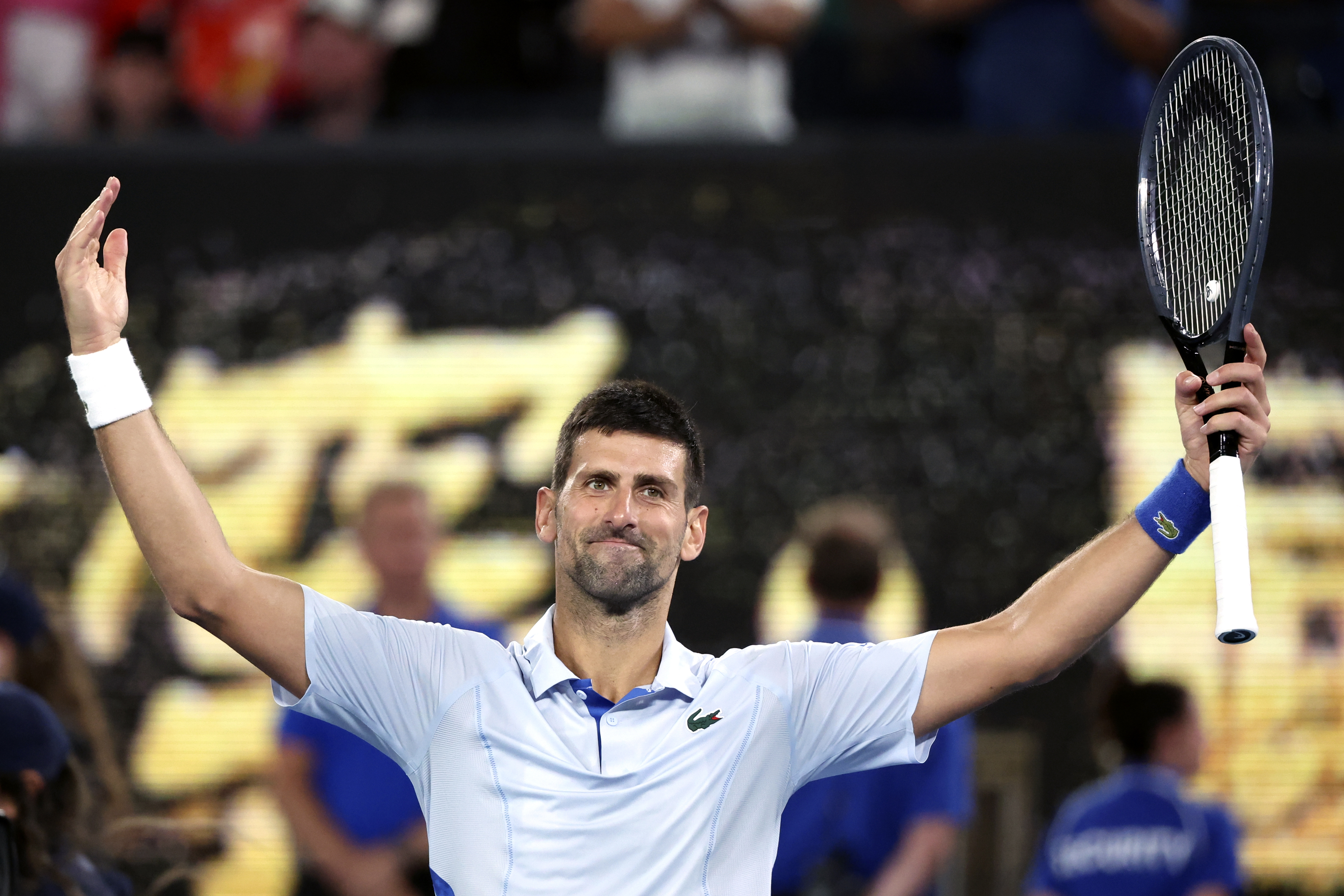 Novak Djokovic of Serbia reacts after defeating Adrian Mannarino of France in their fourth round match at the Australian Open tennis championships at Melbourne Park, Melbourne, Australia, Sunday, Jan. 21, 2024. (AP Photo/Asanka Brendon Ratnayake)
