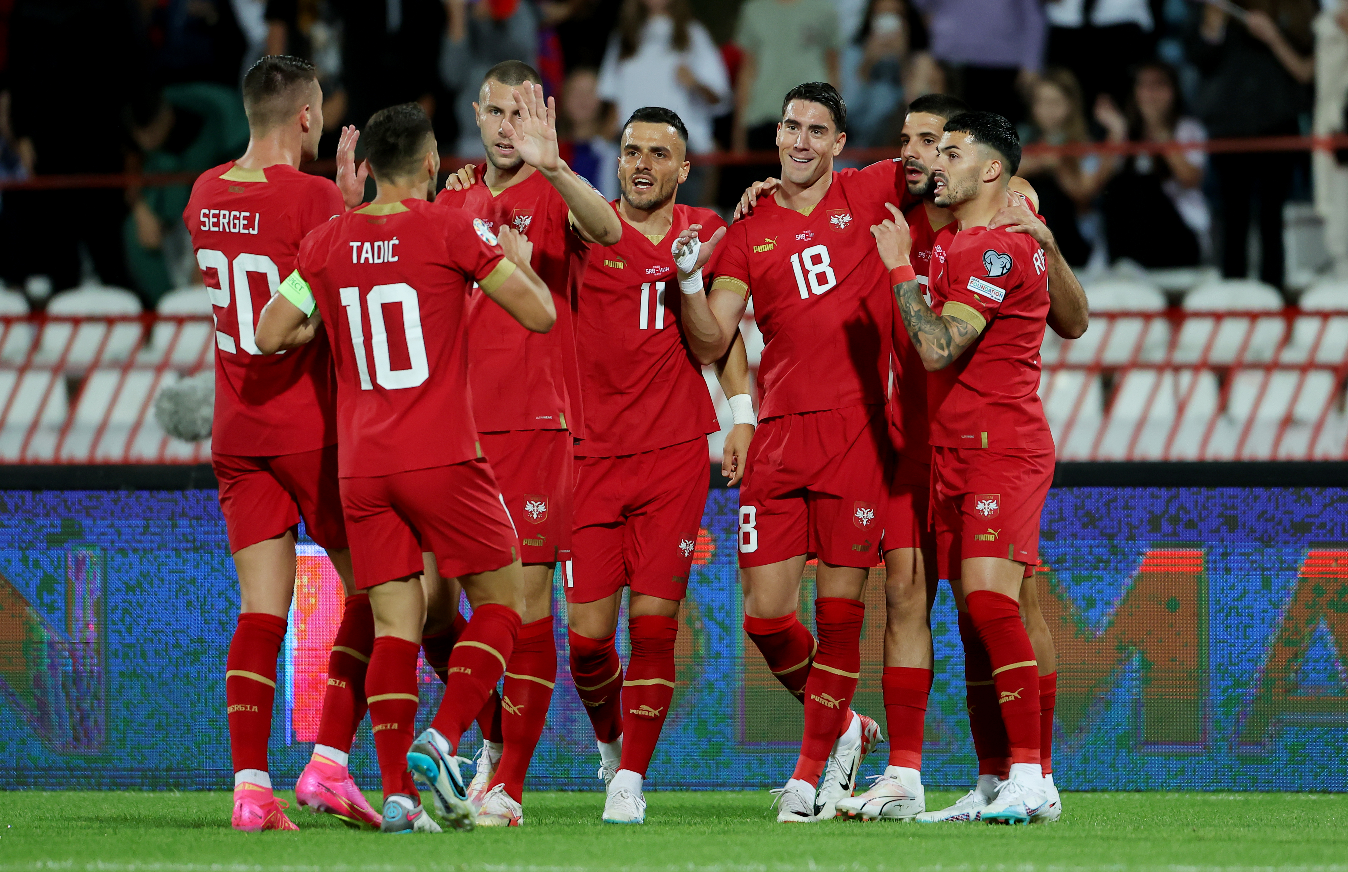 Filip Kostic Dusan Tadic Dusan Vlahovic Aleksandar Mitrovic Nemanja Radonjic UEFA Euro 2024 Group G qualifying football match between Serbia and Hungary in Belgrade, Serbia, on Sept. 9, 2023.