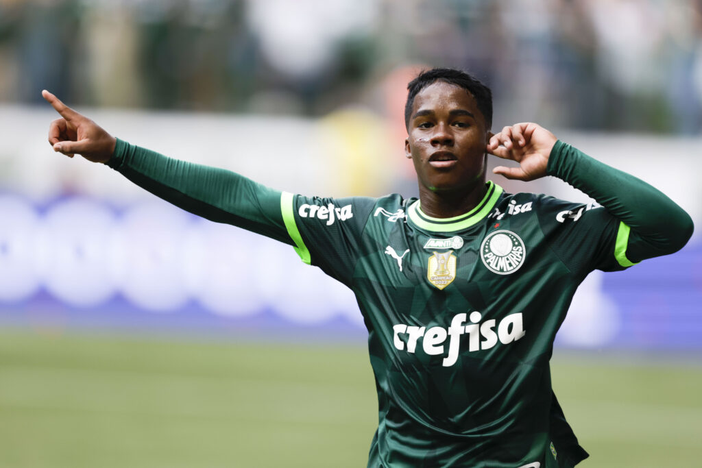 epa10566798 Palmeiras player Endrick reacts during the return match of the Paulista Championship final between Palmeiras and Agua Santa, at the Allianz Parque stadium in Sao Paulo, Brazil 09 April 2023.  EPA-EFE/Isaac Fontana
