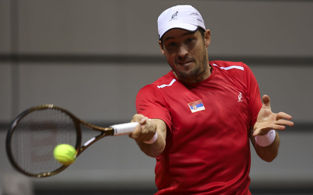 during the 2023 Davis Cup Qualifiers between Serbia and Slovakia at Sportski centar Ibar, on February 02, 2024 in Kraljevo, Serbia. (Photo by Srdjan Stevanovic/Starsport.rs ©)