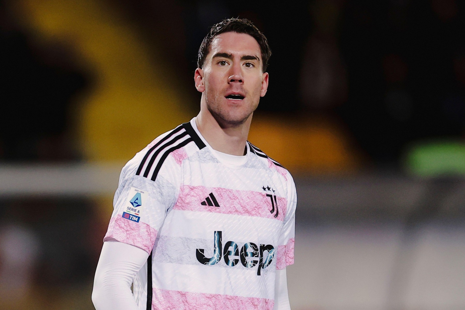 Juventus' Serbian forward Dusan Vlahovic celebrates after scoring a goal during the Serie A football match between Lecce and Juventus at the Via Del Mare Ettore Giardiniero Stadium in Lecce, southern Italy, on January 21, 2024.