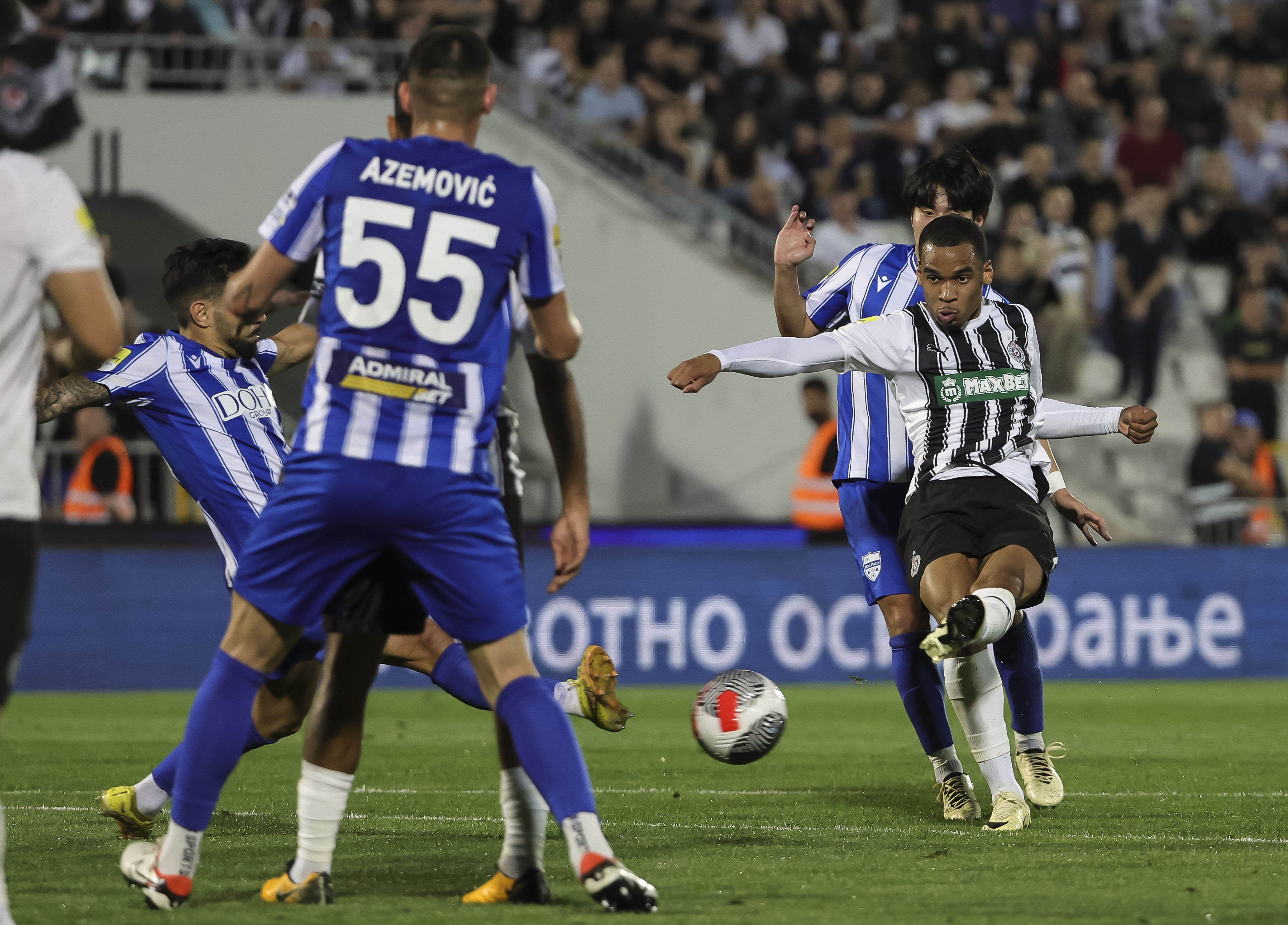 Xander Severina (R) scores the goal during the Mozzart Super Liga 2023/2024 match between Partizan and Novi Pazar at stadium FK Partizan (JNA) on April 07, 2024 in Belgrade, Serbia. (Photo by Srdjan Stevanovic/Starsport.rs ©)