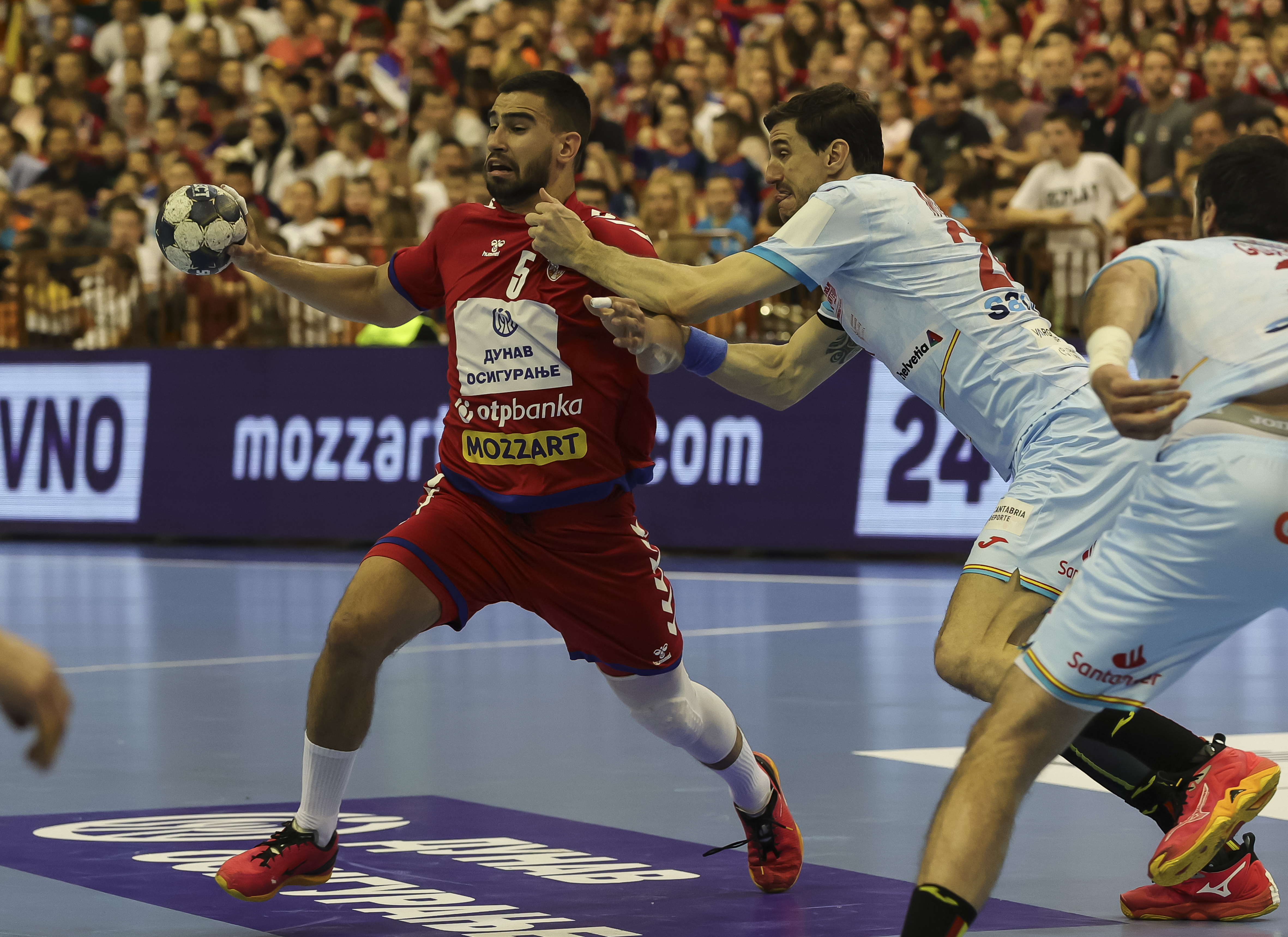 Milos Kos during the Qualification Europe Phase 2 Part 2 for the IHF World Handball Championship between Serbia and Spain at Spens Hall on May 12., 2024 in Novi Sad, Serbia. (Photo by Srdjan Stevanovic/Starsport.rs ©)