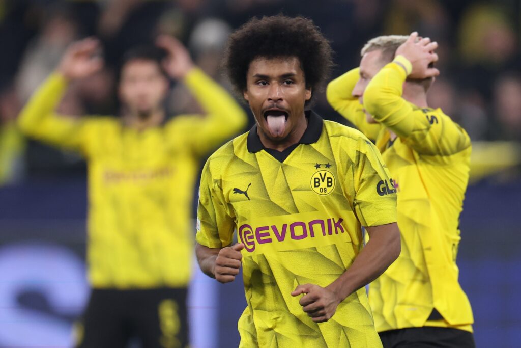 epa11027623 Dortmund's Karim Adeyemi reacts during the UEFA Champions League group stage soccer match between Borussia Dortmund and Paris Saint-Germain, in Dortmund, Germany, 13 December 2023.  EPA-EFE/CHRISTOPHER NEUNDORF