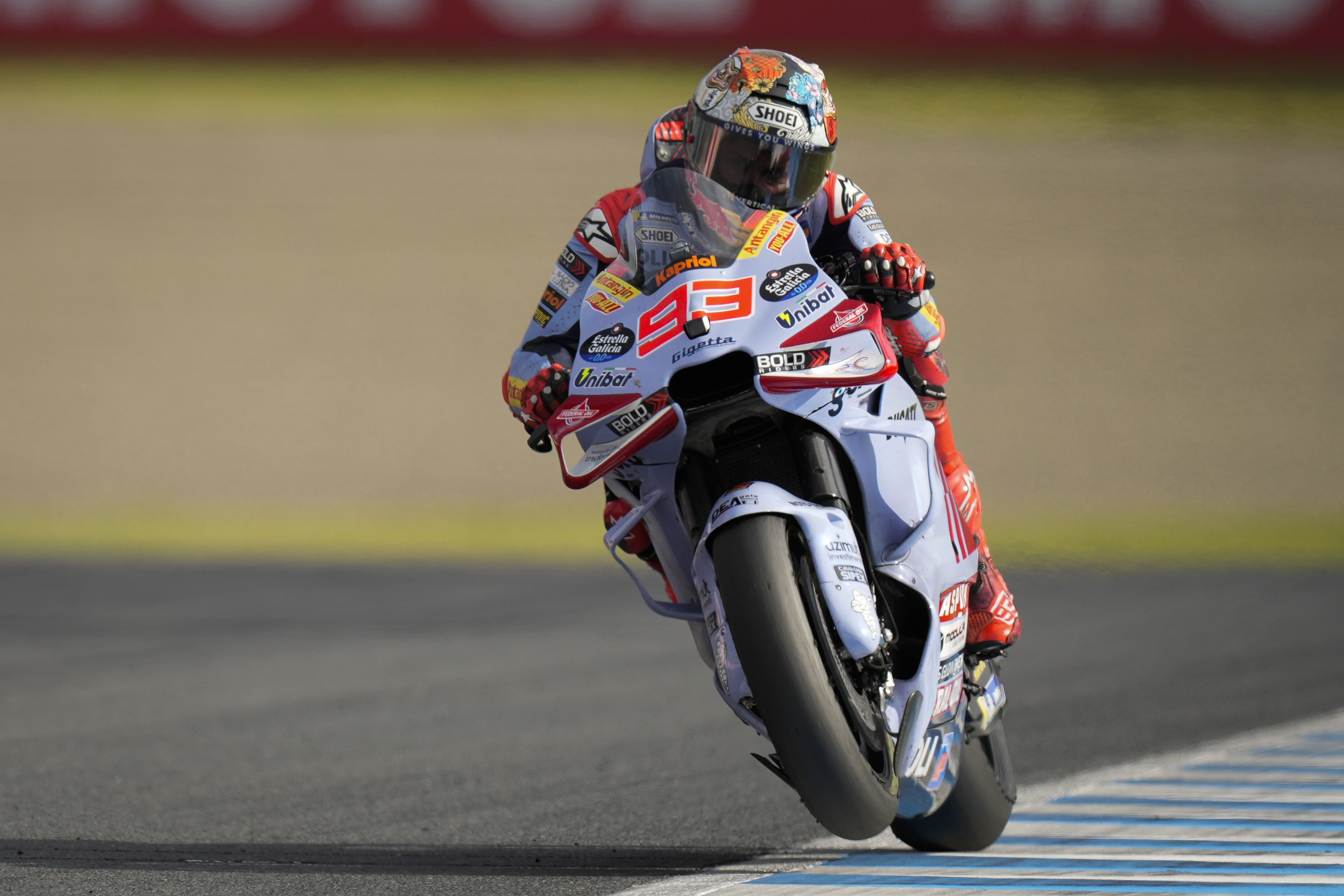 Spanish rider Marc Marquez of Gresini Racing MotoGP steers his motorcycle during the MotoGP race at the Twin Ring Motegi circuit in Motegi, north of Tokyo, Japan, Sunday, Oct. 6, 2024, (AP Photo/Hiro Komae)