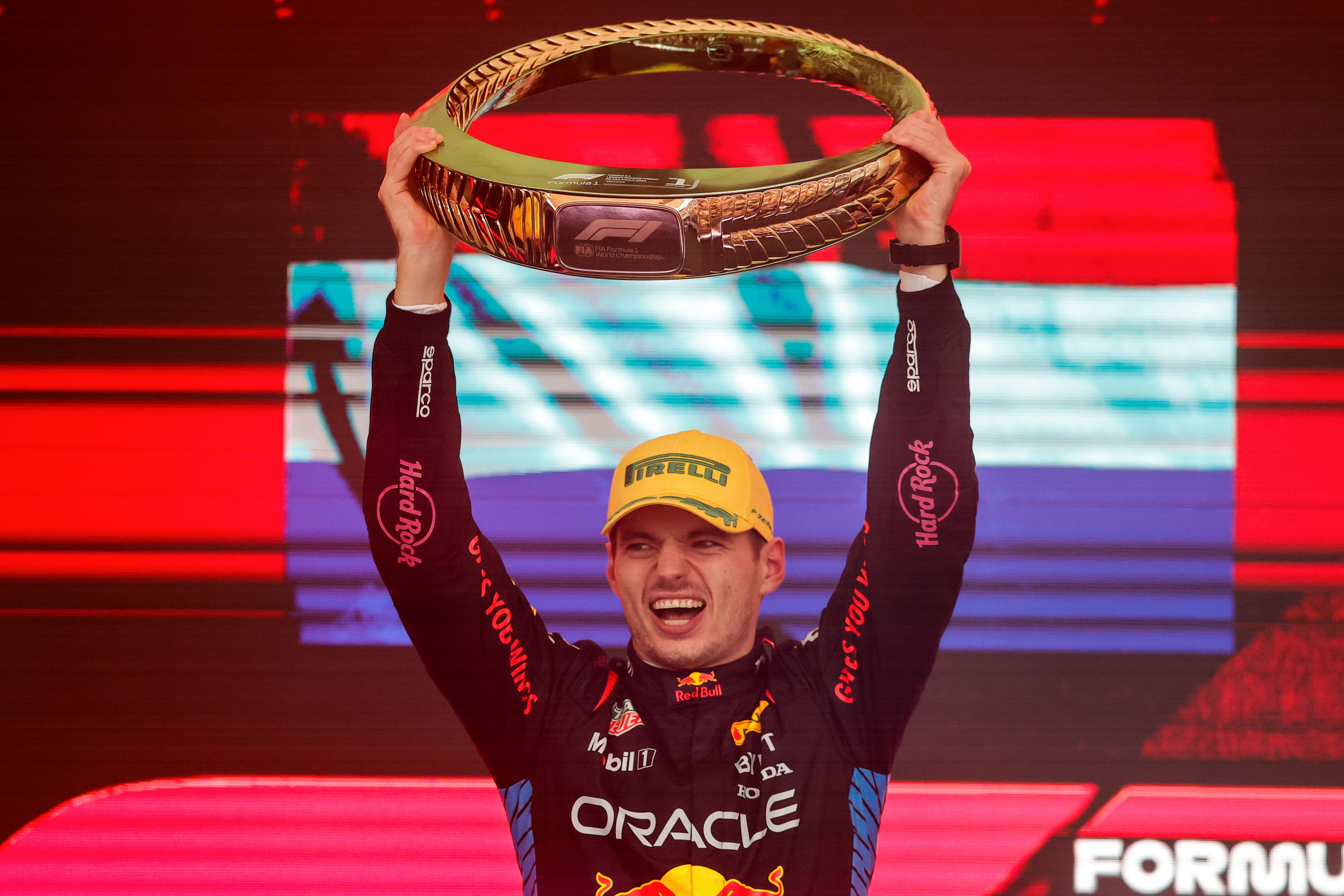epa11700157 Red Bull's Max Verstappen celebrates on the podium at the Formula One Sao Paulo Grand Prix in Sao Paulo, Brazil, 03 November 2024.  EPA-EFE/ANDRE COELHO