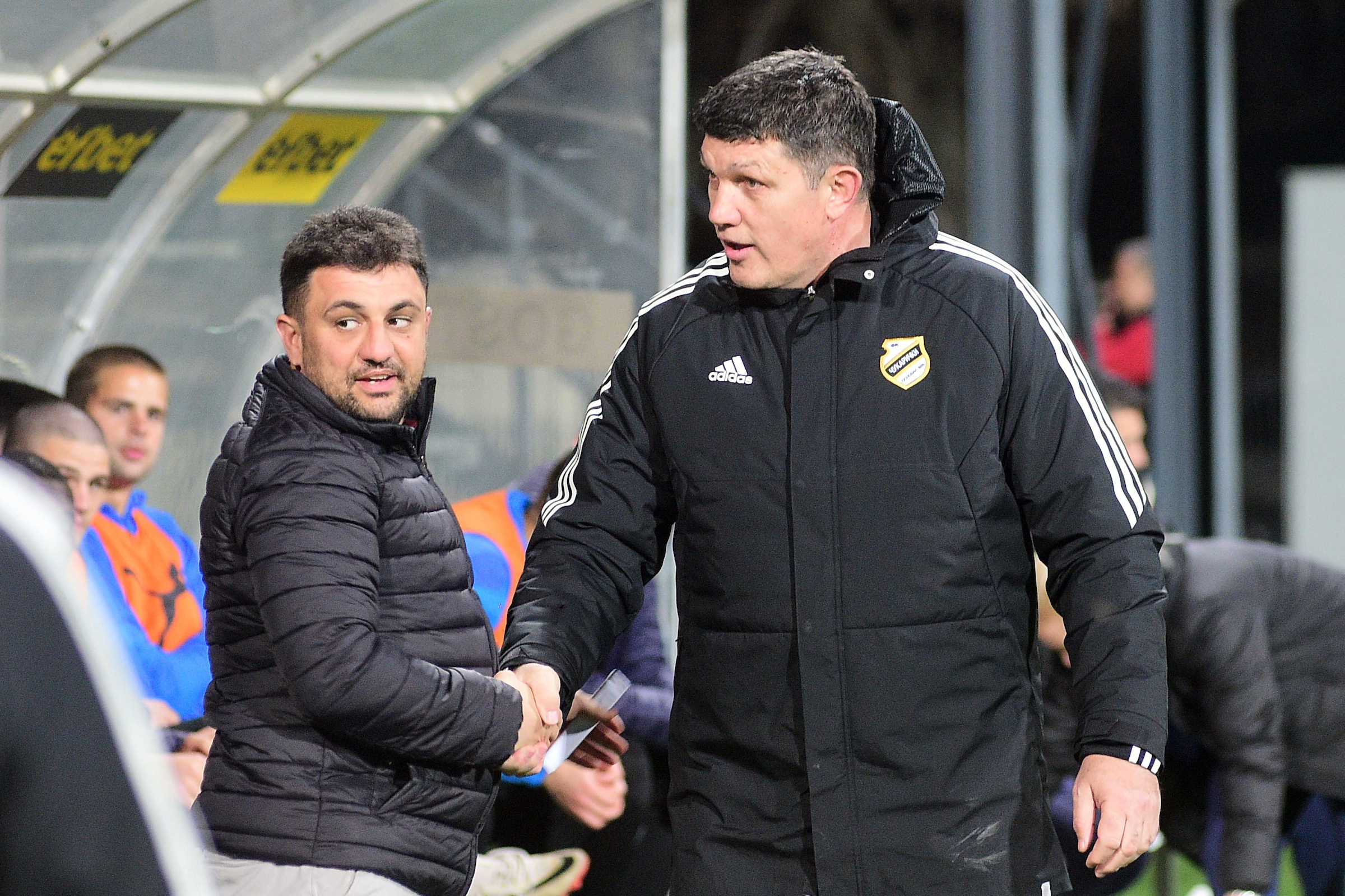 Nebojsa Petrovic (L) and Gordan Petric (R) at Mozzart Super Liga Srbije 2023/2024 round 21 match between fk Cukaricki and fk Zeleznicar Pancevo, played at Cukaricki Stadium, 17.02.2024, Belgrade, Serbia. (Photo by Dusan Milenkovic/Starsport.rs ©)