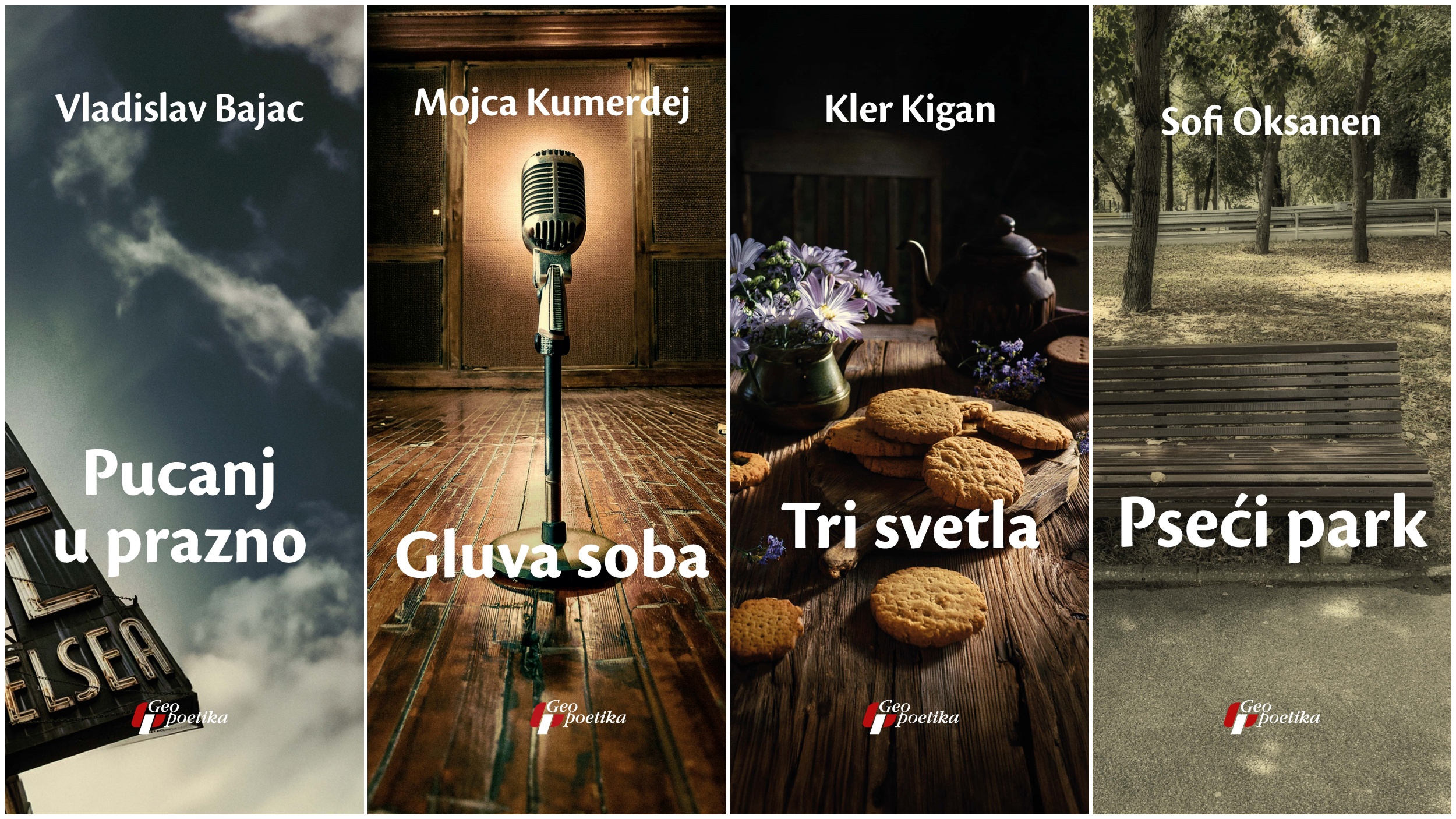 Vladislav Bajac, Pucanj u prazno, Mojca Kumerdej, Gluva soba, Kler Kigan Tri svetla, Sofi Oksanen, Pseći park, knjige, knjiga, korice, korica, kombo Foto: Geopoetika/Promo
Knjige za Sajam knjiga, Geopoetika za Sajam Knjiga