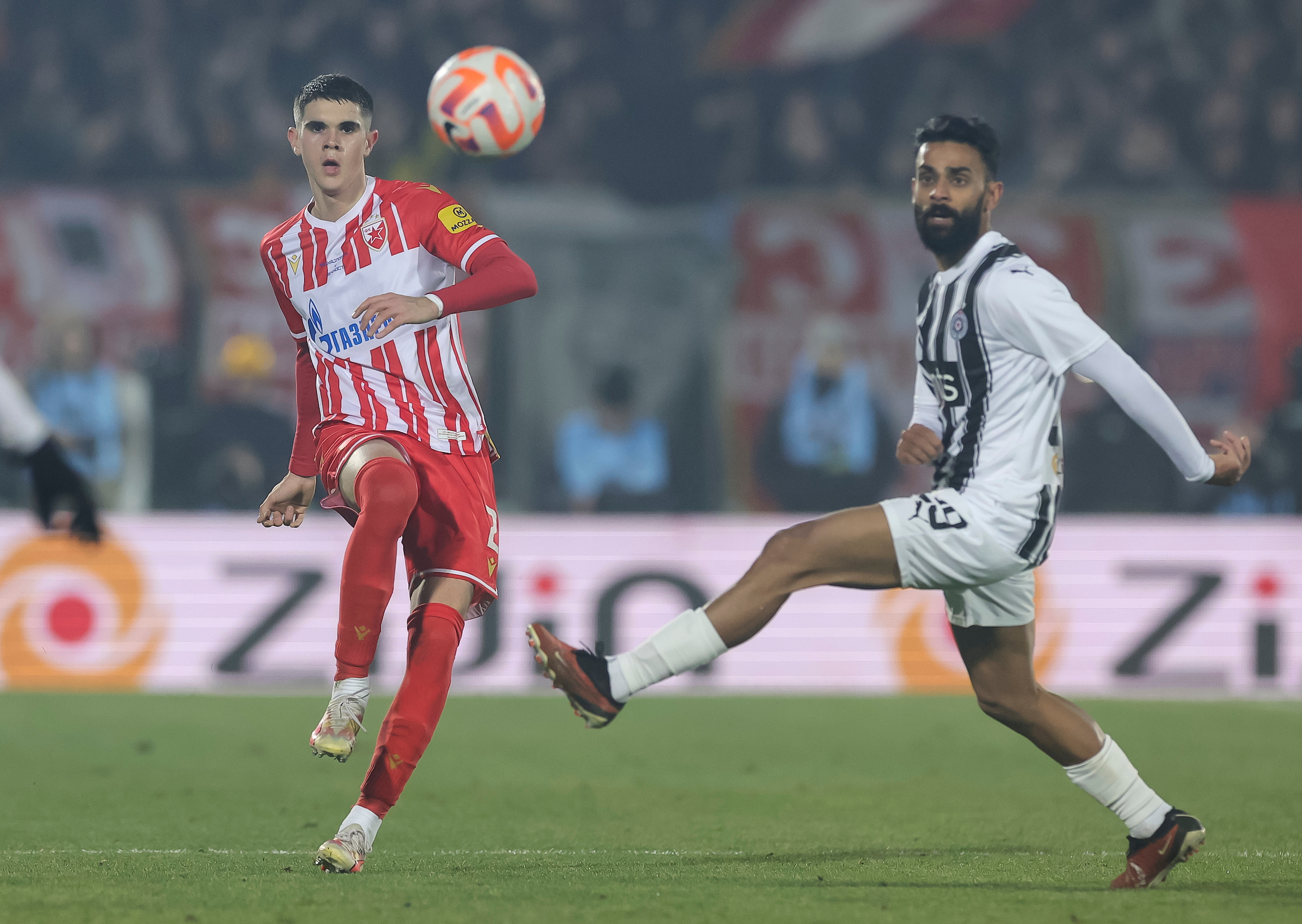Kosta Nedeljkovic (L) and Ghayas Zahid during the Mozzart Super Liga 2023/2024 match between Partizan and Crvena Zvezda at stadium FK Partizan (JNA) on December 20, 2023 in Belgrade, Serbia. (Photo by Srdjan Stevanovic/Starsport.rs ©)