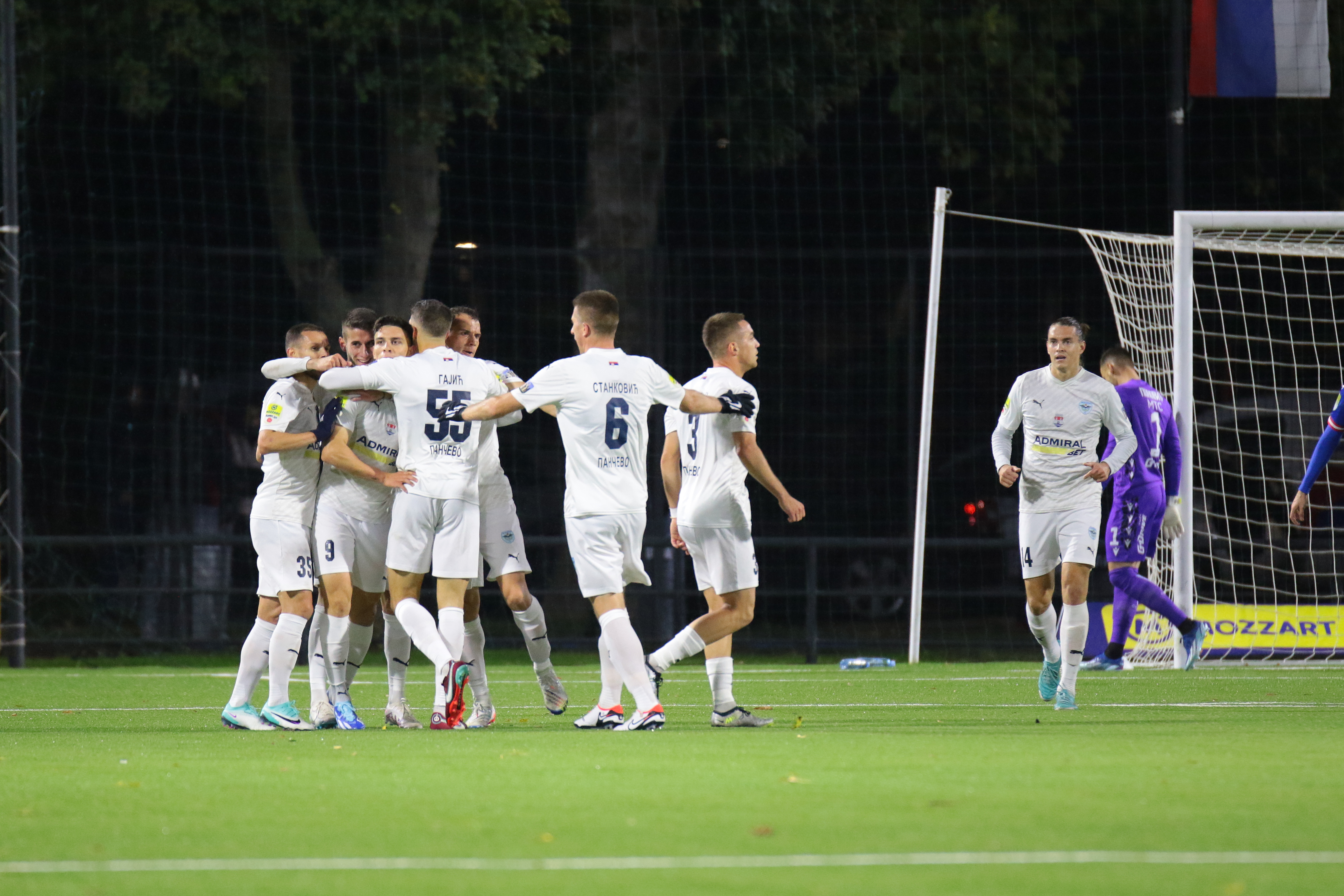 PANCEVO, SERBIA - NOVEMBER 11: Players of Zeleznicar celebrate a goal during the Serbian Super liga round 15 match between FK Zeleznicar Pancevo and Crvena zvezda at SC Mladost in Pancevo, Serbia on November 11. (Photo by Andrija Sokovic/Starsport)