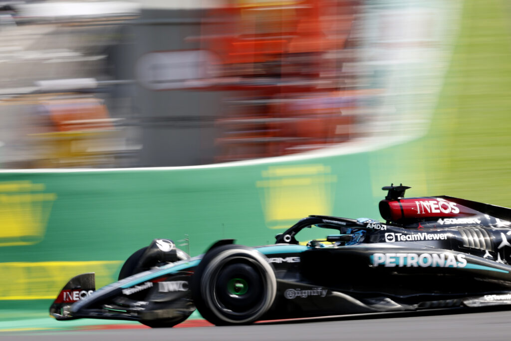 Mercedes driver George Russell of Britain steers his car during the Formula One Grand Prix at the Spa-Francorchamps racetrack in Spa, Belgium, Sunday, July 28, 2024. (AP Photo/Geert Vanden Wijngaert)