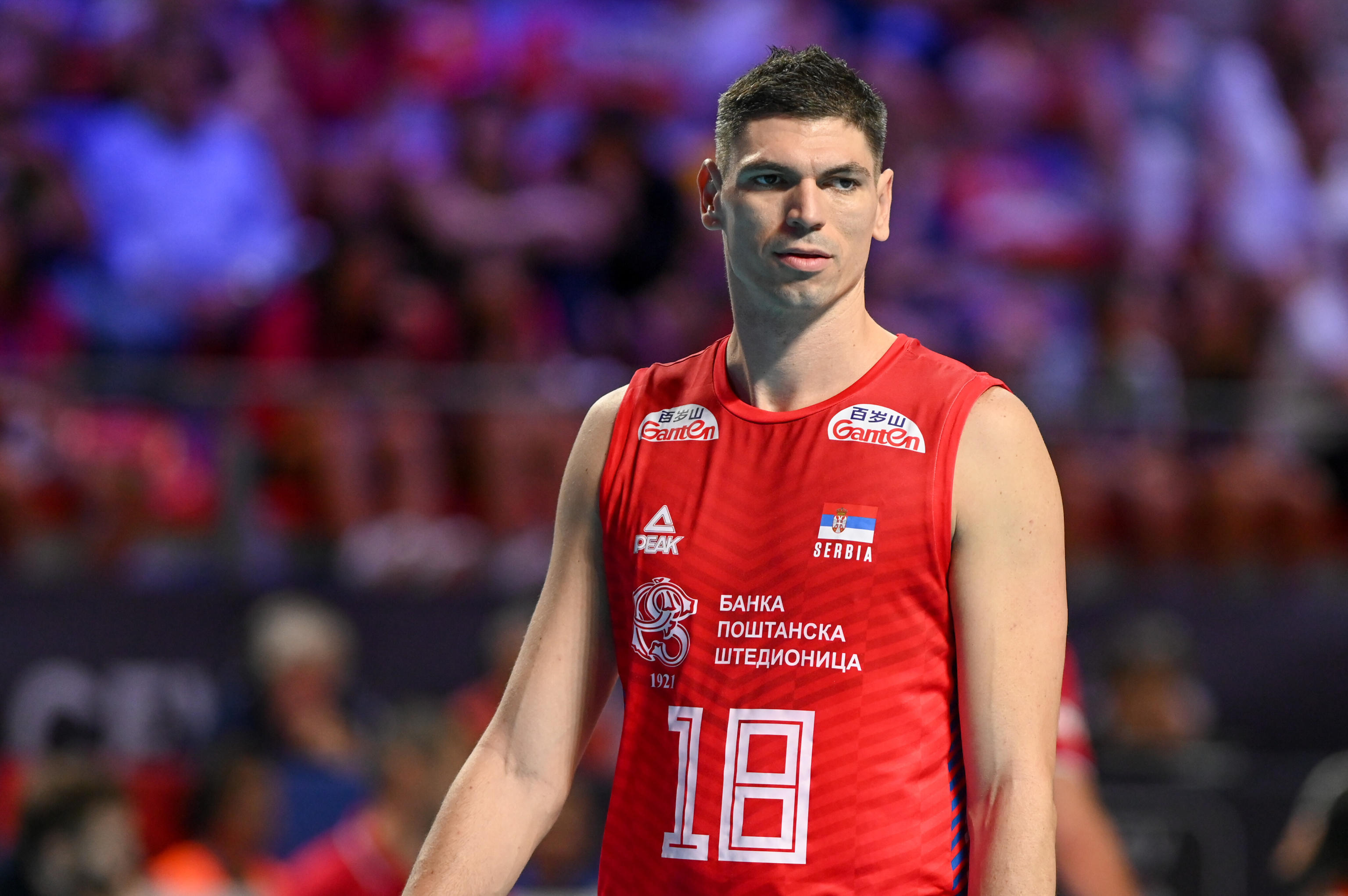 epa10842753 Serbia's Marko Podrascanin during the CEV Eurovolley Men Pool A match Germany vs Serbia at the Pala Rossini in Ancona, Italy, 05 September 2023.  EPA-EFE/ROBERTO BARTOMEOLI
