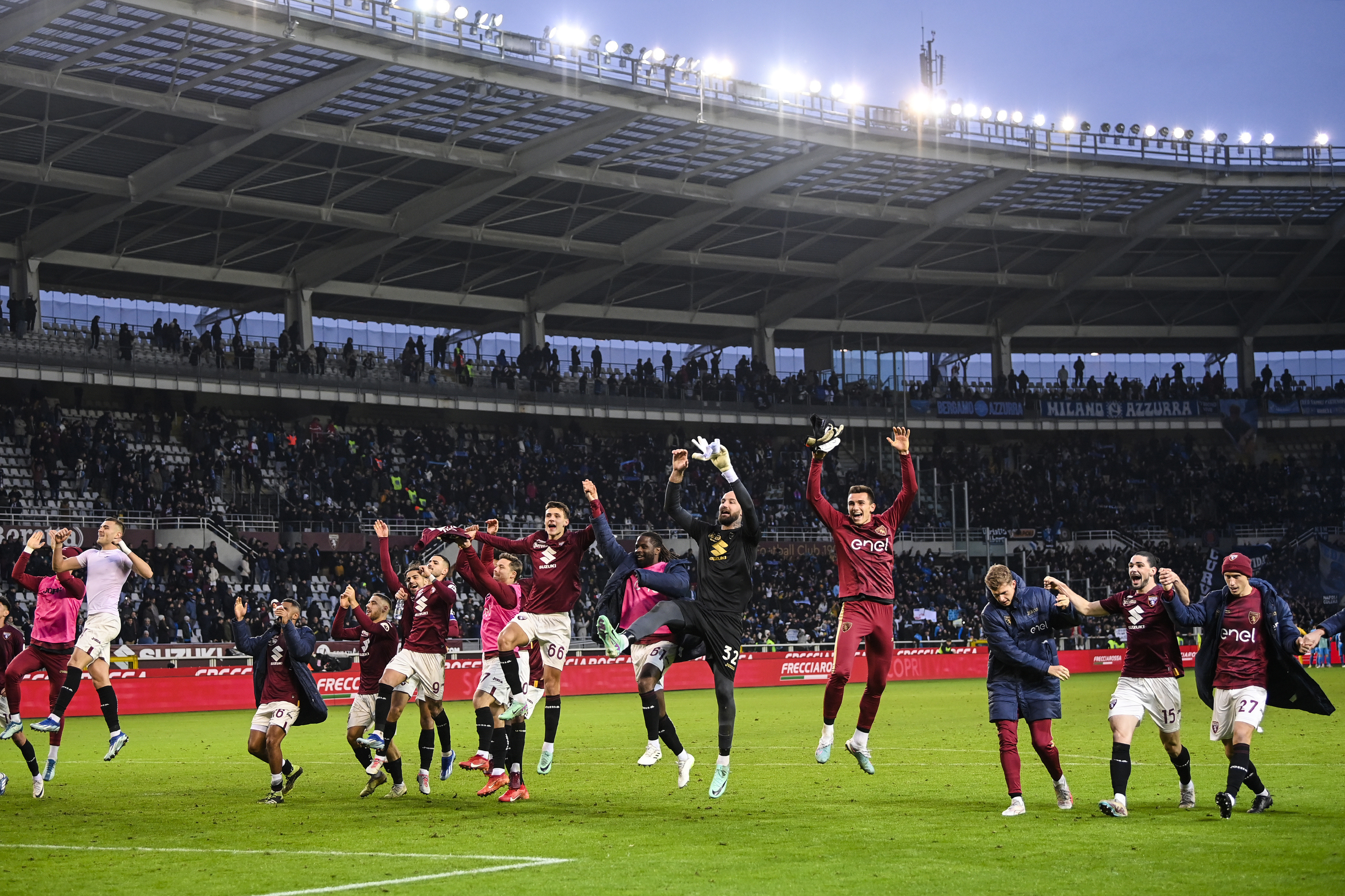 Torino's players celebrate their 3-0 win after the Serie A soccer match between Torino and Napoli at the Grande Torino Stadium in Turin, Italy, Sunday, Jan. 7, 2024. (Fabio Ferrari/LaPresse via AP)