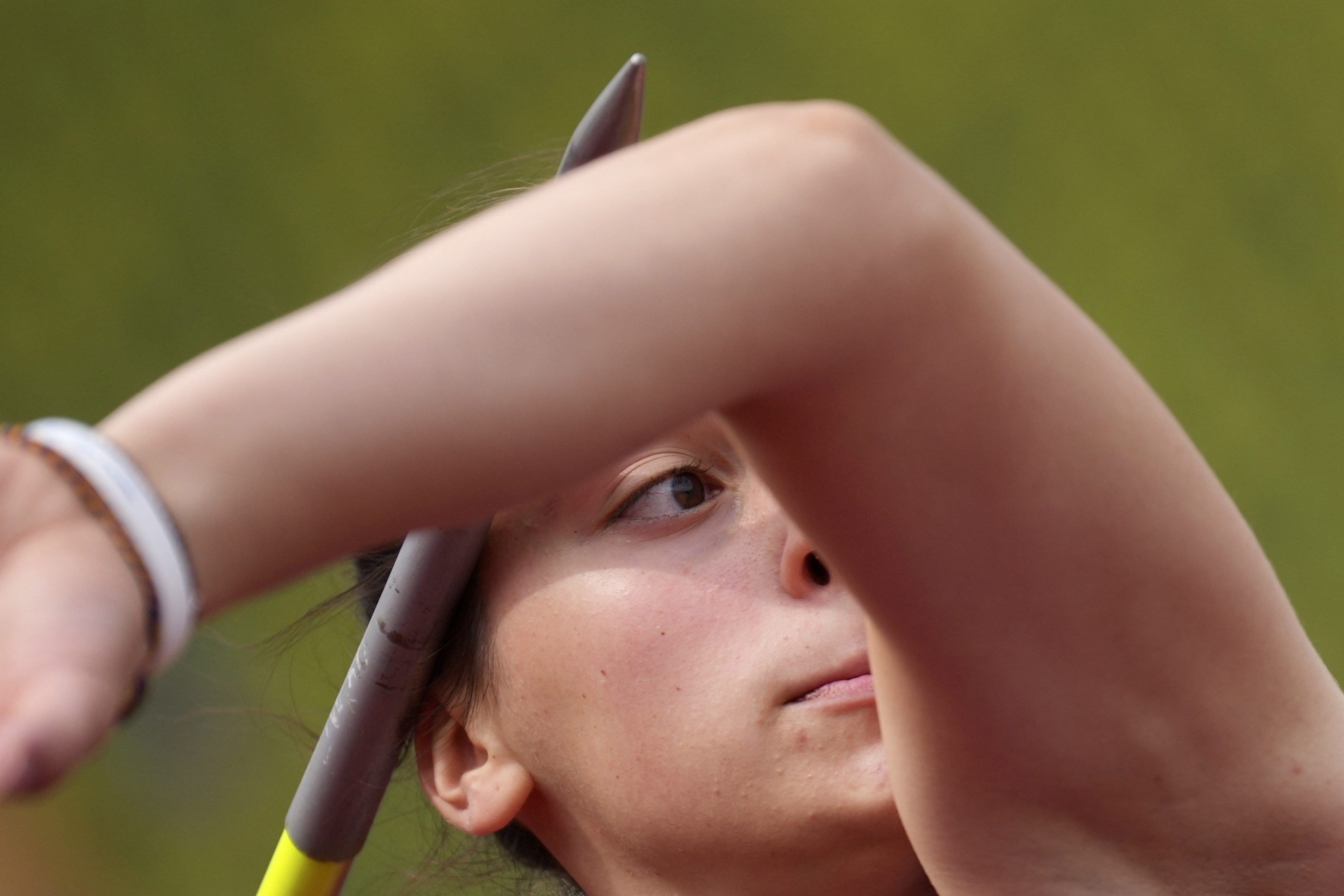Adriana Vilagos, of Serbia, makes an attempt in the Women's javelin throw qualification during the athletics competition in the Olympic Stadium at the European Championships in Munich, Germany, Thursday, Aug. 18, 2022. (AP Photo/Matthias Schrader)