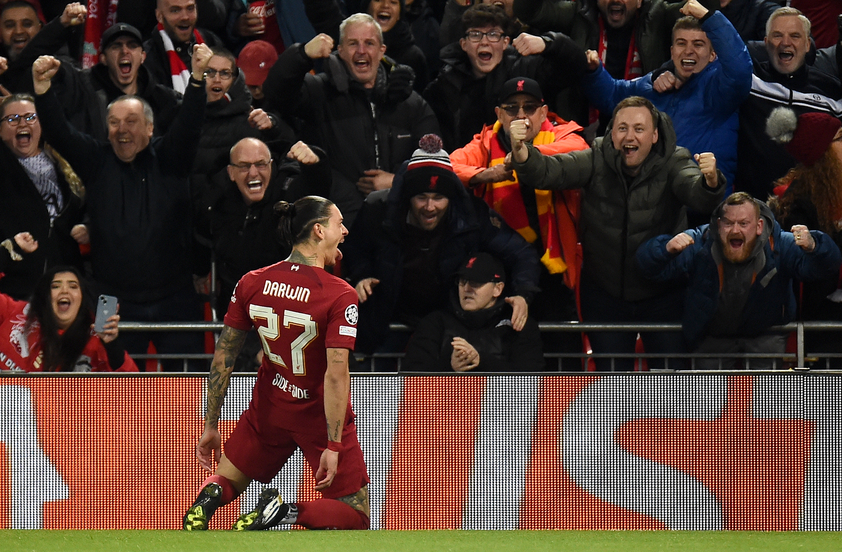 epa10482431 Darwin Nunez of Liverpool celebrates after scoring the opening goal during the UEFA Champions League, Round of 16, 1st leg match between Liverpool FC and Real Madrid in Liverpool, Britain, 21 February 2023.  EPA-EFE/Peter Powell