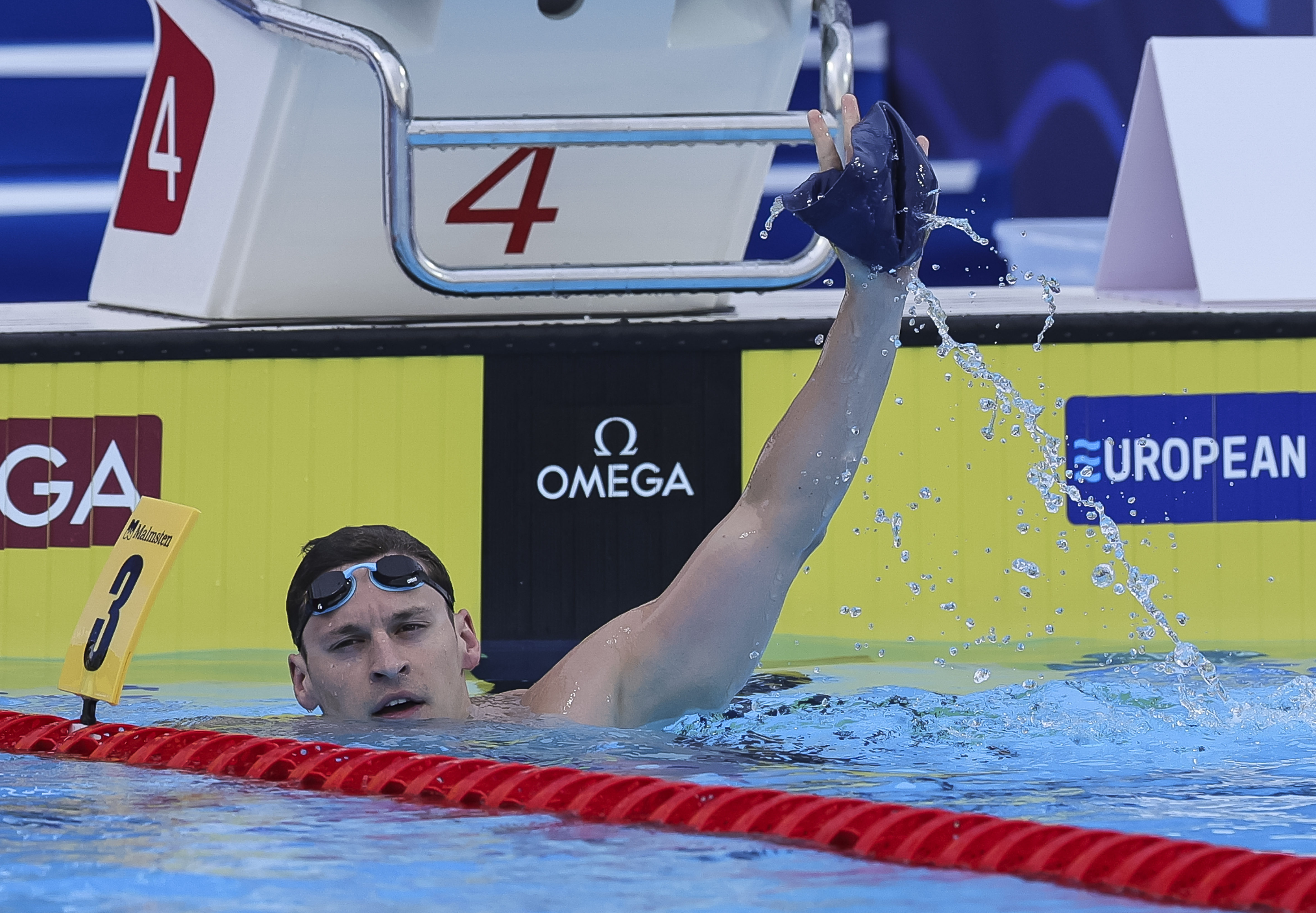 BELGRADE, SERBIA - JUNE 20:  Velja Stjepanovic of Serbia reacts after the Men's 200m Freestyle  Semifinals 1 during the 2024 European Aquatics Championships on June 20, 2024 in Belgrade, Serbia.(Photo by Srdjan Stevanovic/Getty Images)