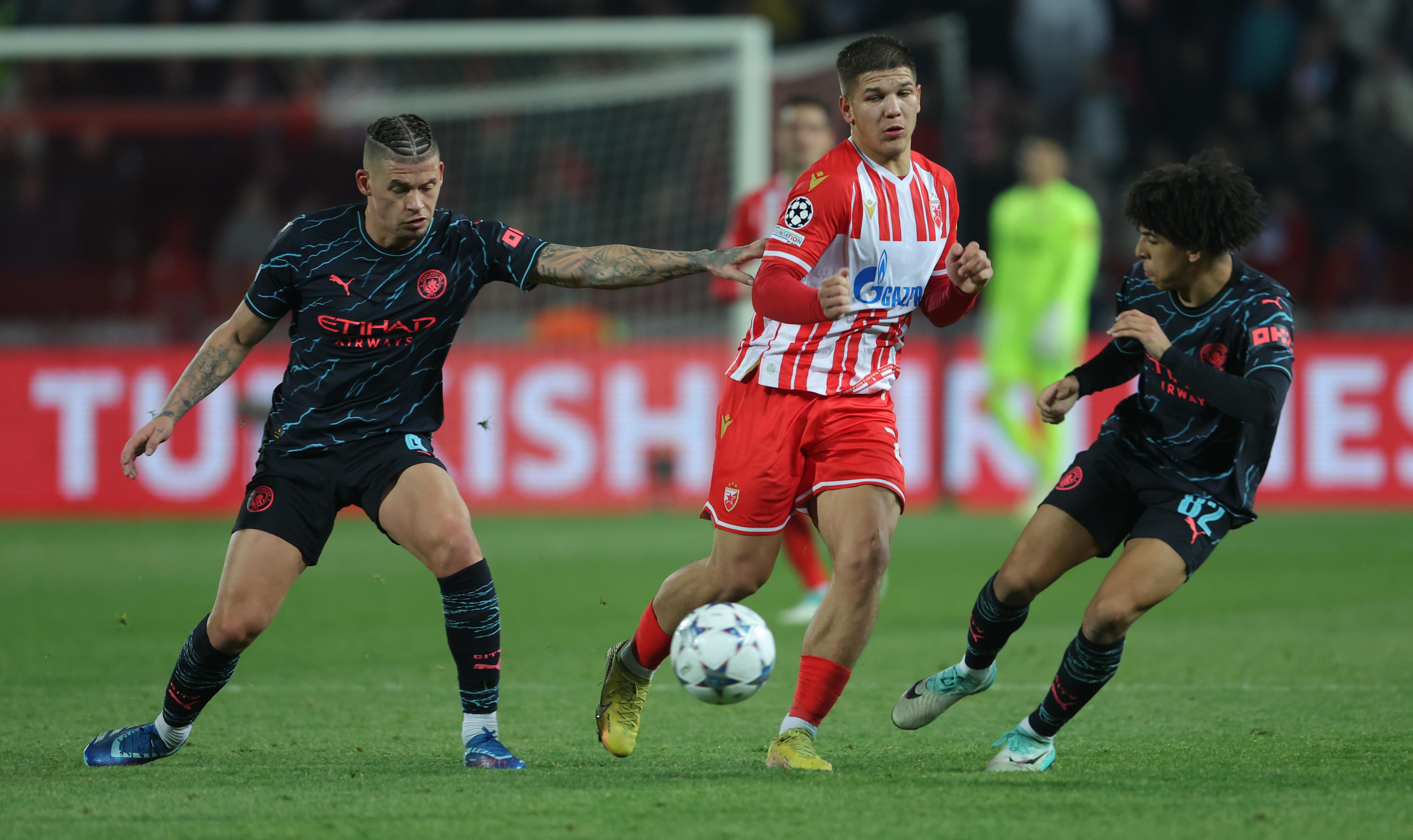 Kalvin Phillips, Jovan Mijatovic and Rico Lewis Crvena Zvezda (Red Star) vs Manchester City, UEFA Champios League.
Belgrade, Serbia. December 13, 2023.
photo: Pedja Milosavljevic/STARSPORT
