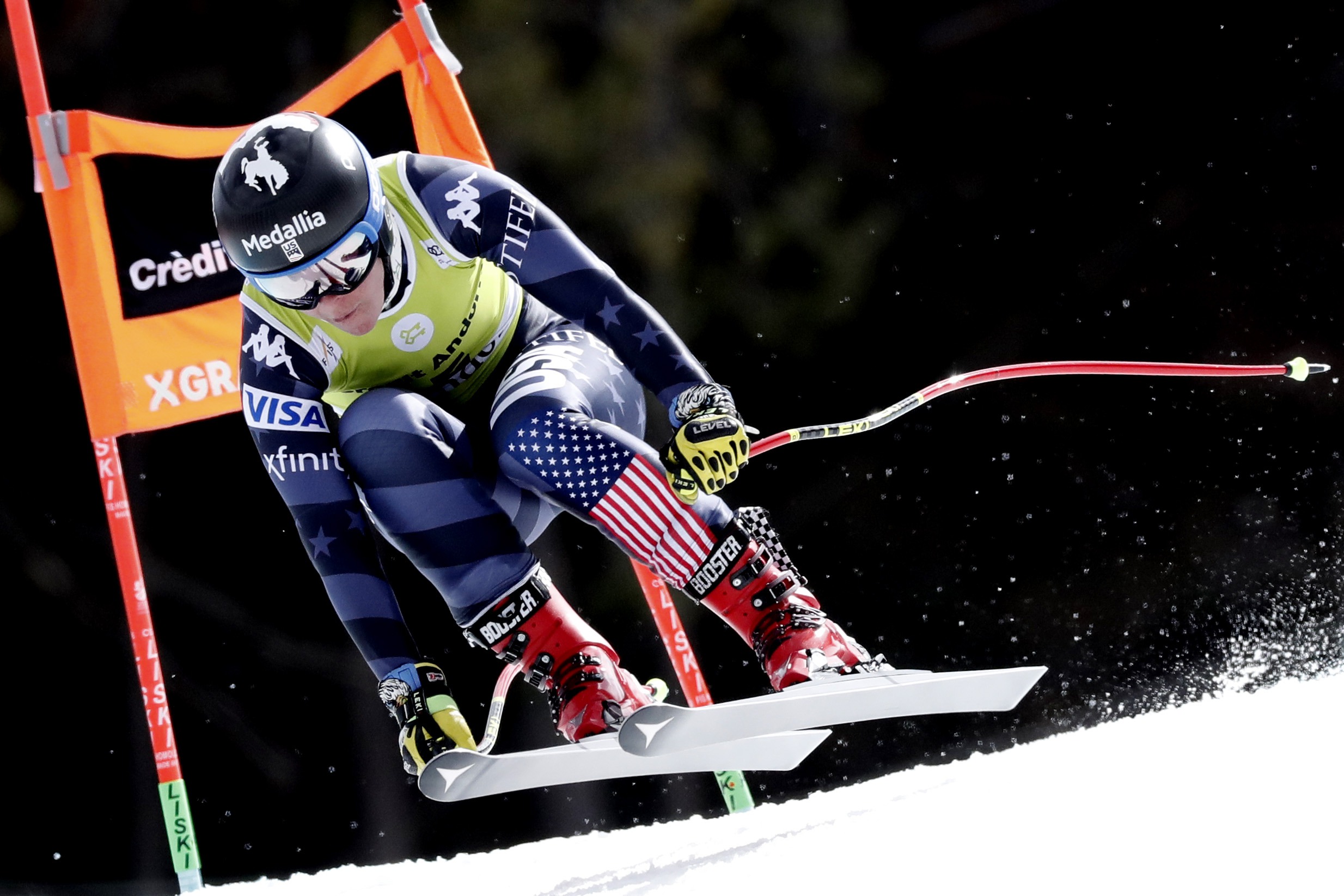 epa10522189 Breezy Johnson of US in action during the Women's Downhill 2nd training session at the FIS Alpine Skiing World Cup finals in Soldeu - El Tarter, Andorra, 14 March 2023.  EPA-EFE/GUILLAUME HORCAJUELO