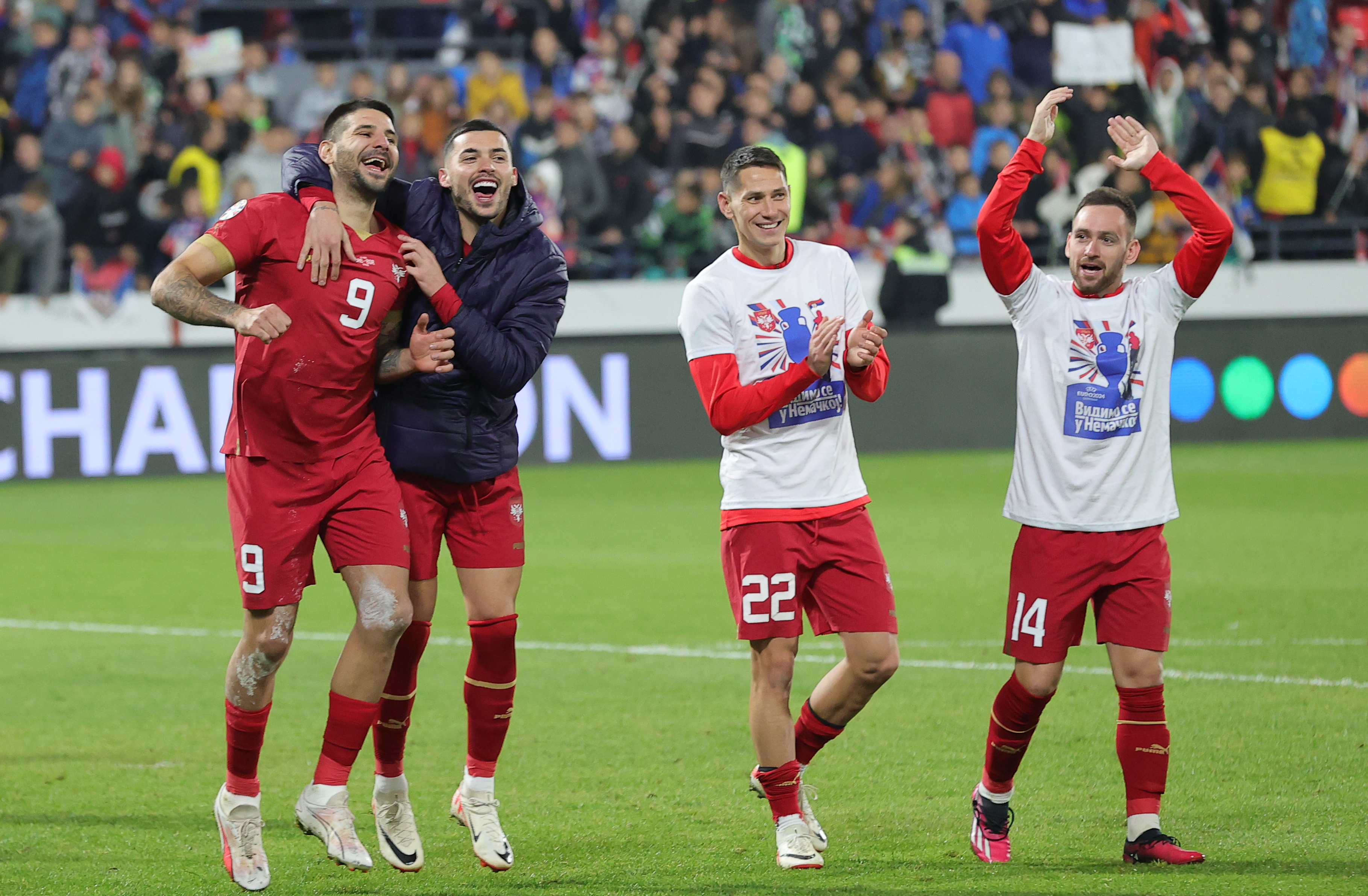 Serbia's Aleksandar Mitrovic Nemanja Radonjic Sasa Lukic Andrija Zivkovic celebrates during Group G UEFA EURO 2024 qualifying football match between Serbia and Bulgaria in Leskovac, Serbia on Nov. 19, 2023.
photo: Pedja Milosavljevic