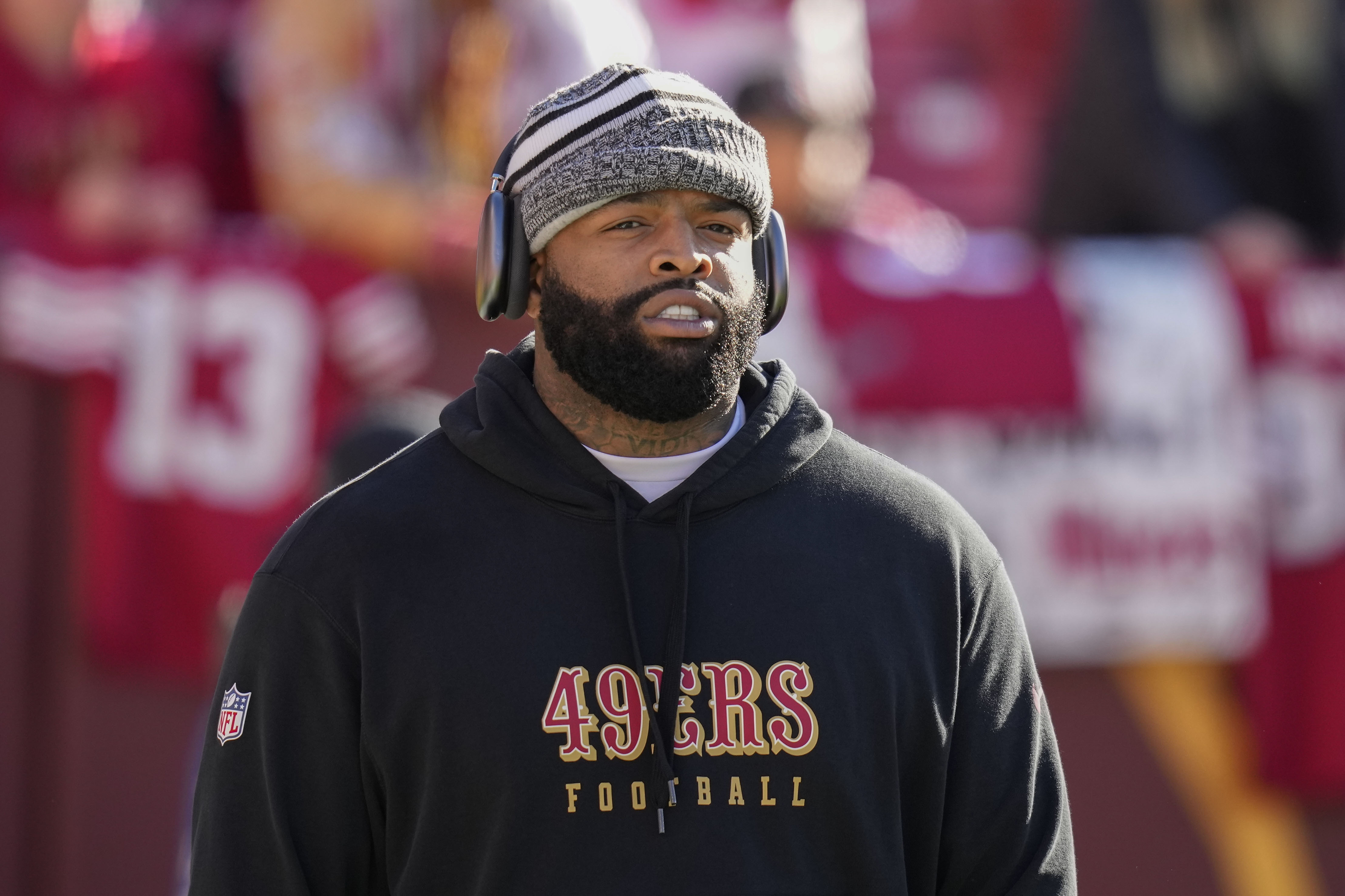 San Francisco 49ers offensive tackle Trent Williams during pregame warmups before the start of the first half of an NFL football game against the Washington Commanders, Sunday, Dec. 31, 2023, in Landover, Md. (AP Photo/Alex Brandon)