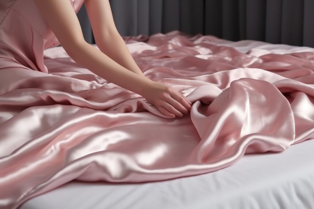 Bed pink silk material. Luxury cloth. Generate Ai,Image: 835037816, License: Royalty-free, Restrictions: , Model Release: no, Credit line: Ivan Ryabokon / Panthermedia / Profimedia