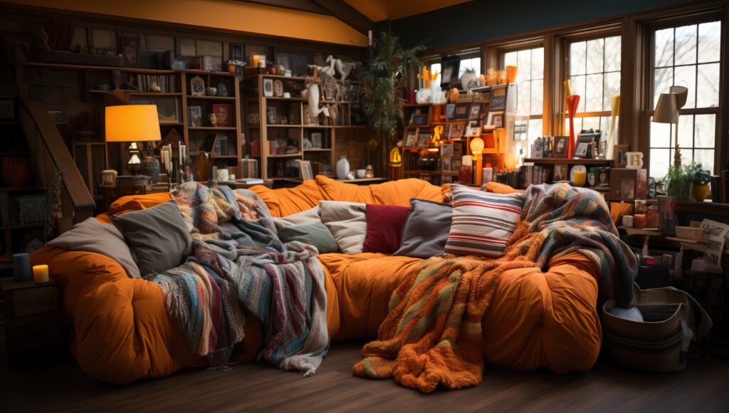 Interior of cozy living room with sofa,  pillows and blanket,Image: 820037248, License: Royalty-free, Restrictions: , Model Release: no, Credit line: Ailike Creative / Panthermedia / Profimedia