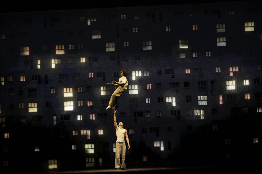 Actors perform during a rehearsal of La Haine musical show, in Tremblay en France, Tuesday, Sept. 17, 2024. (AP Photo/Christophe Ena)