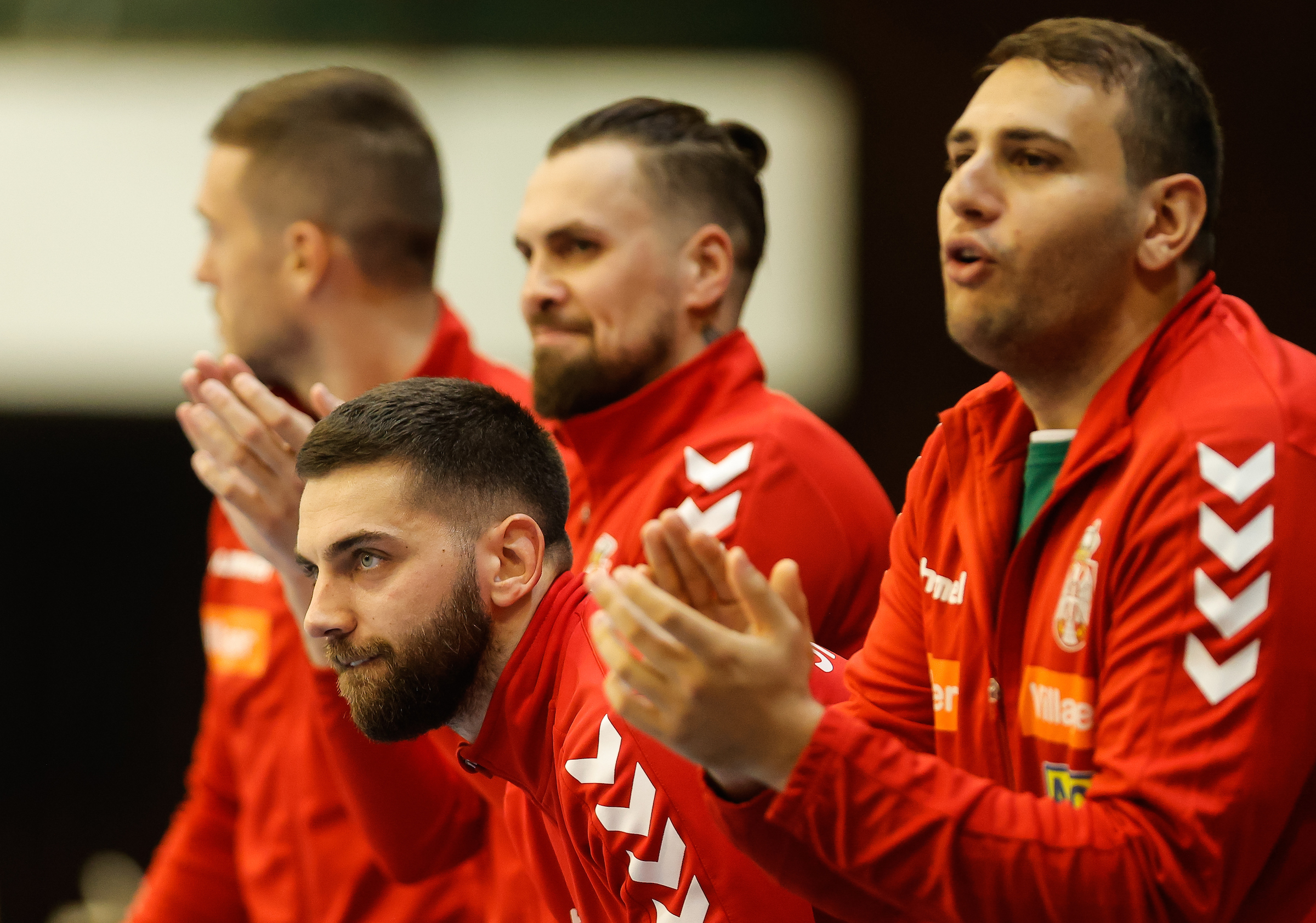 Lazar Kukic (L) Bogdan Radivojevic (C) and Goalkeeper Dejan Milosavljev (R)        during EHF Euro 2024 Phase 2 qualifying handball match between Serbia and Finland at Spens hall on 12.10.2022, Novi Sad. (Photo by Pedja Milosavljevic/Starsport.rs)