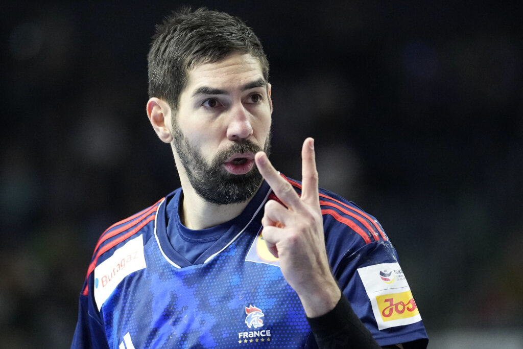 France's Nikola Karabatic reacts during the Handball European Championship main round match between France and Iceland in Cologne, Germany, Saturday, Jan. 20, 2024. (AP Photo/Martin Meissner)