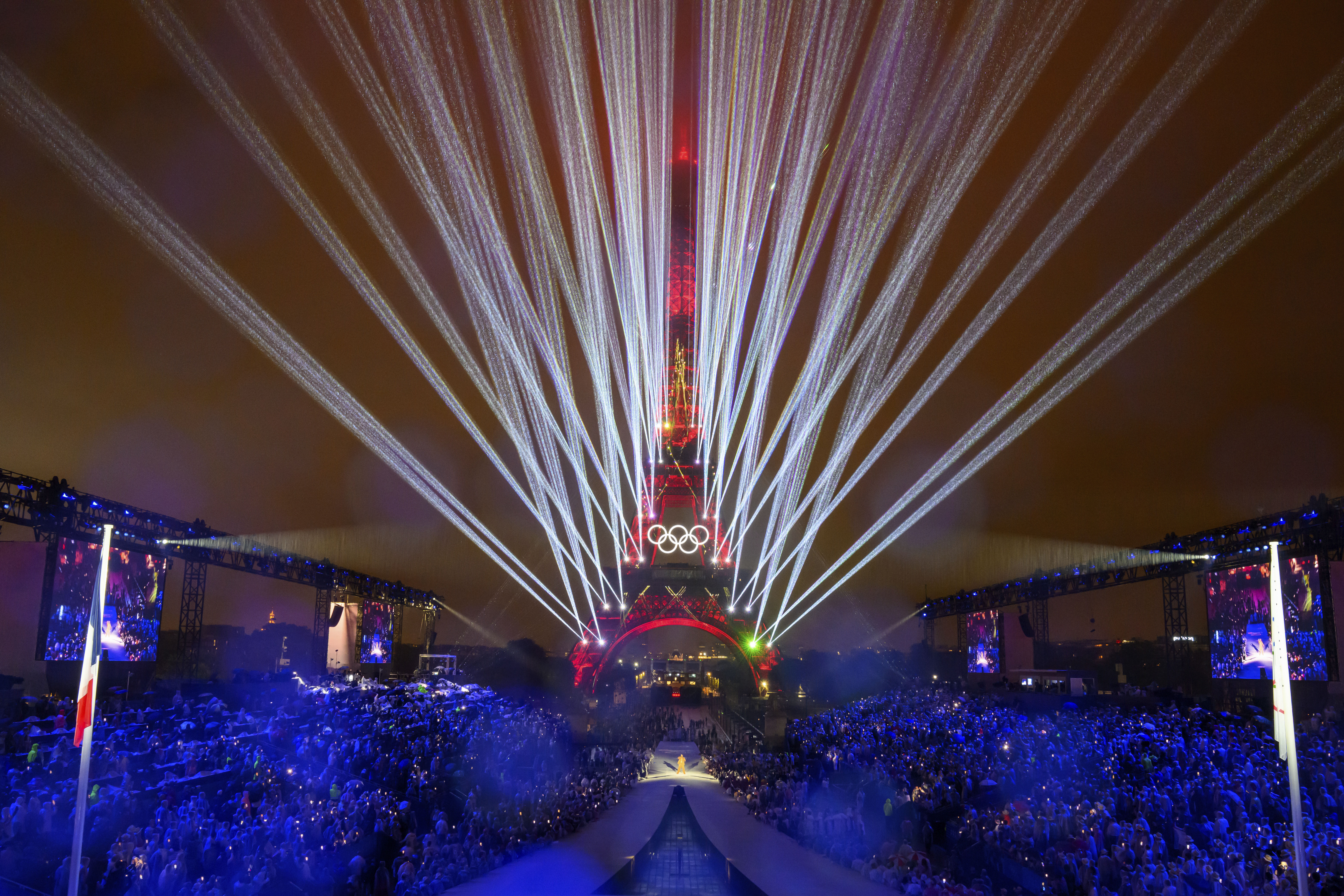 An overview of the Trocadero venue with the Eiffel Tower in the background, in Paris, during the opening ceremony of the 2024 Summer Olympics, Friday, July 26, 2024. (Francois-Xavier Marit/Pool Photo via AP)