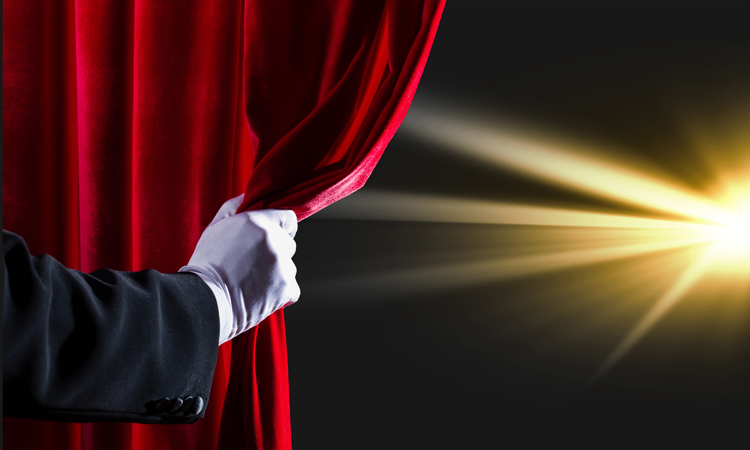 Human,Hand,In,White,Glove,Opening,Red,Velvet,Curtain