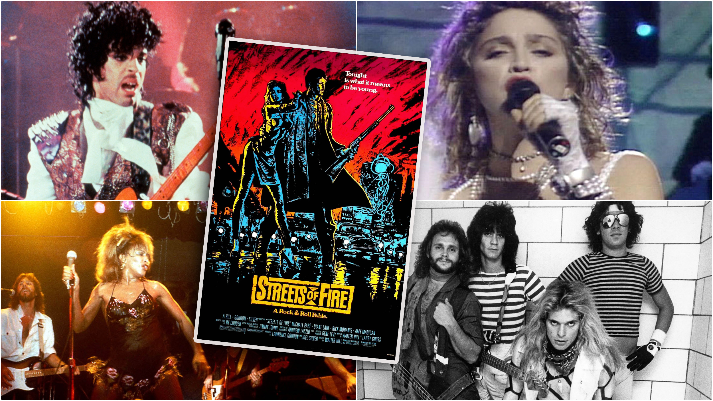 kombo  Prince,  Madona,  „Streets of fire“,  Tina Tarner i Van Hejlen