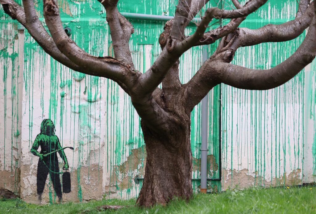 epaselect epa11227746 A graffitied mural near a tree on Hornsey Road in the Finsbury Park area of London, Britain, 18 March 2024. The artwork has been confirmed by artist Banksy on his Instagram social media feed as authored by him.  EPA-EFE/NEIL HALL