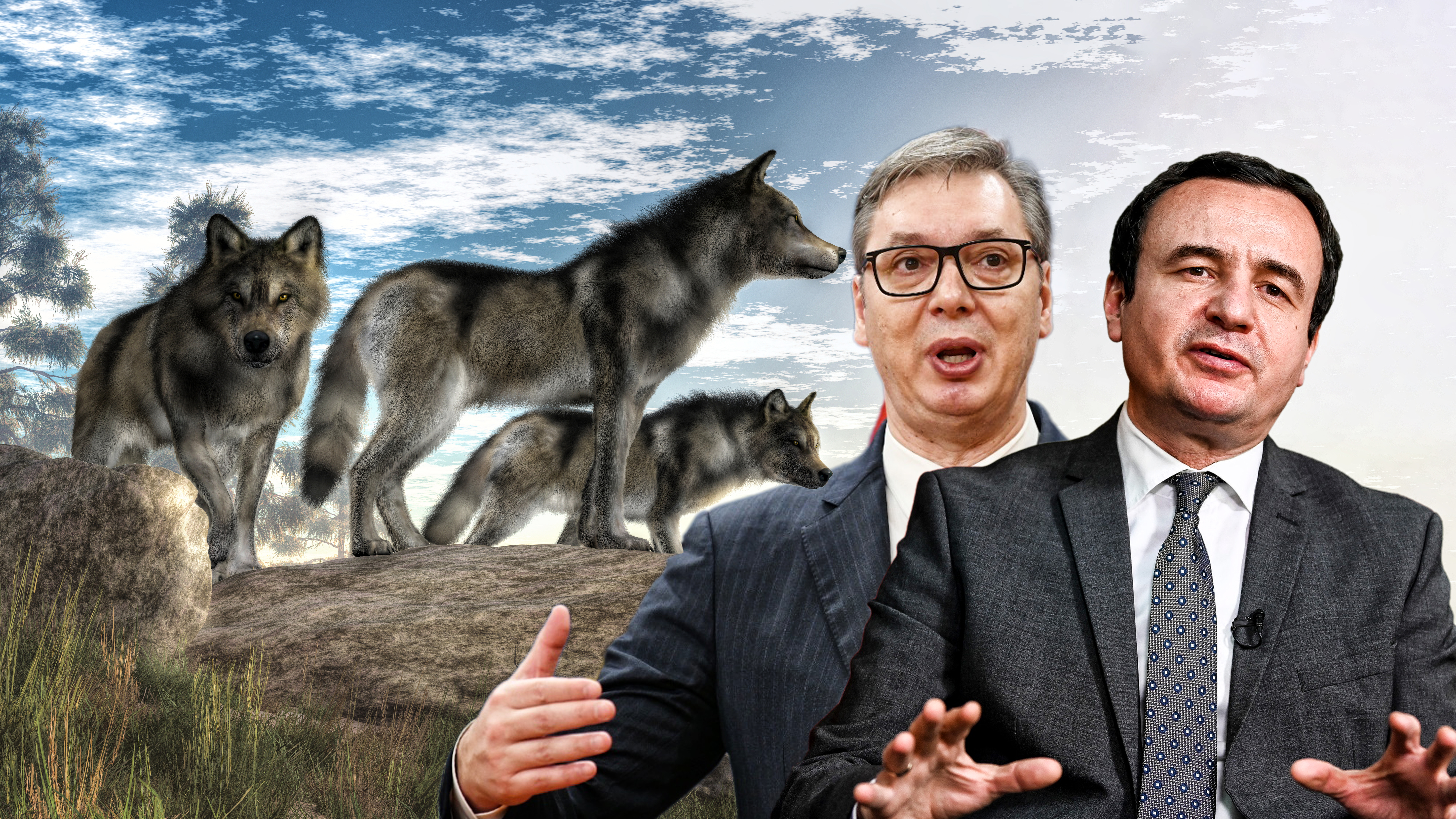 A trio of timber wolves stands atop a boulder looking out over a North American wilderness.  The alpha wolf stands confidently looking into the distance while look to the sides . 3D Rendering Aleksandar Vucic Aljbin Kurti