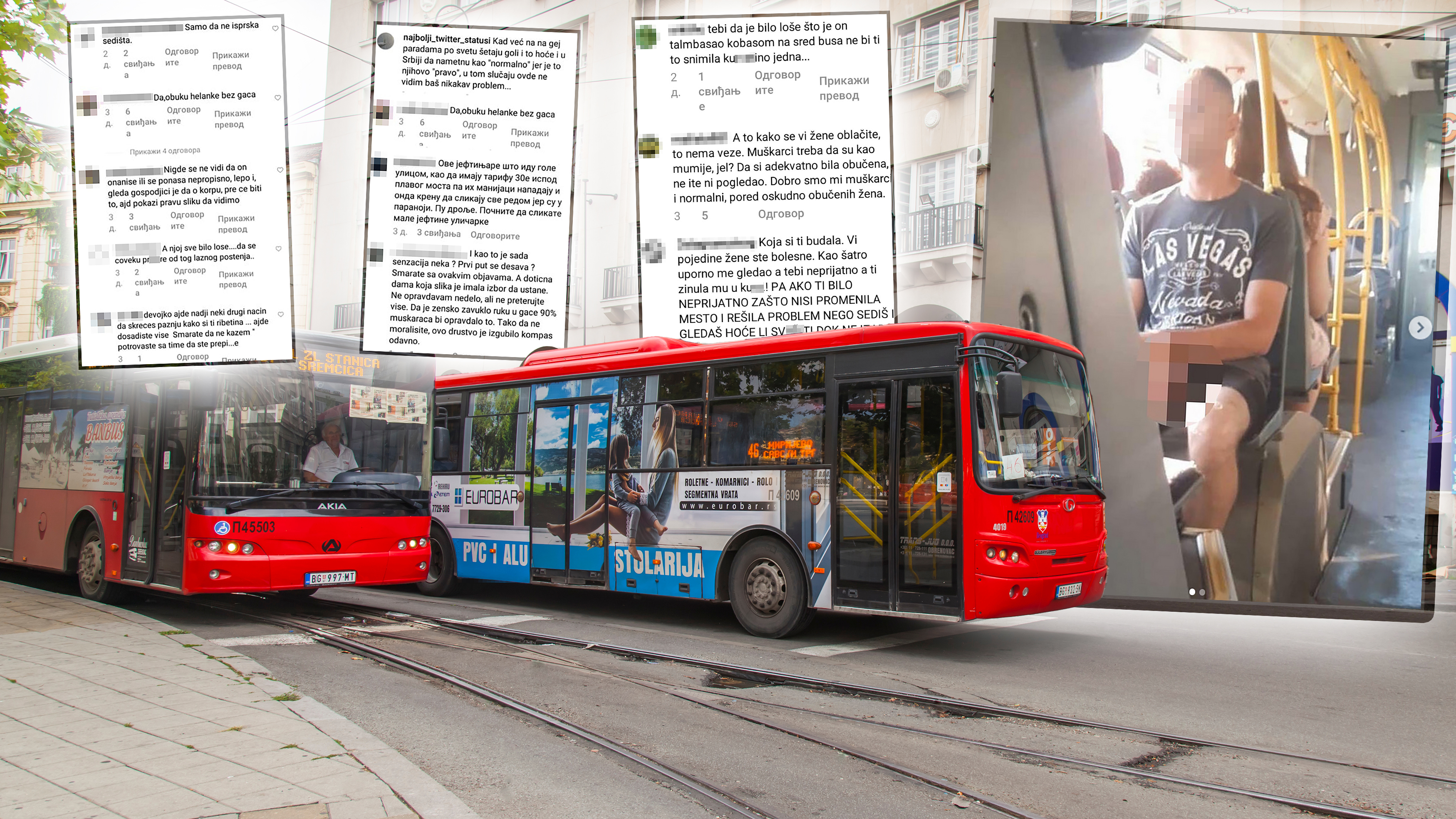 BELGRADE, SERBIA, August 3, 2019. City view. Two bases go down the street in the central part of the city manijak iz autobusa, masturbator