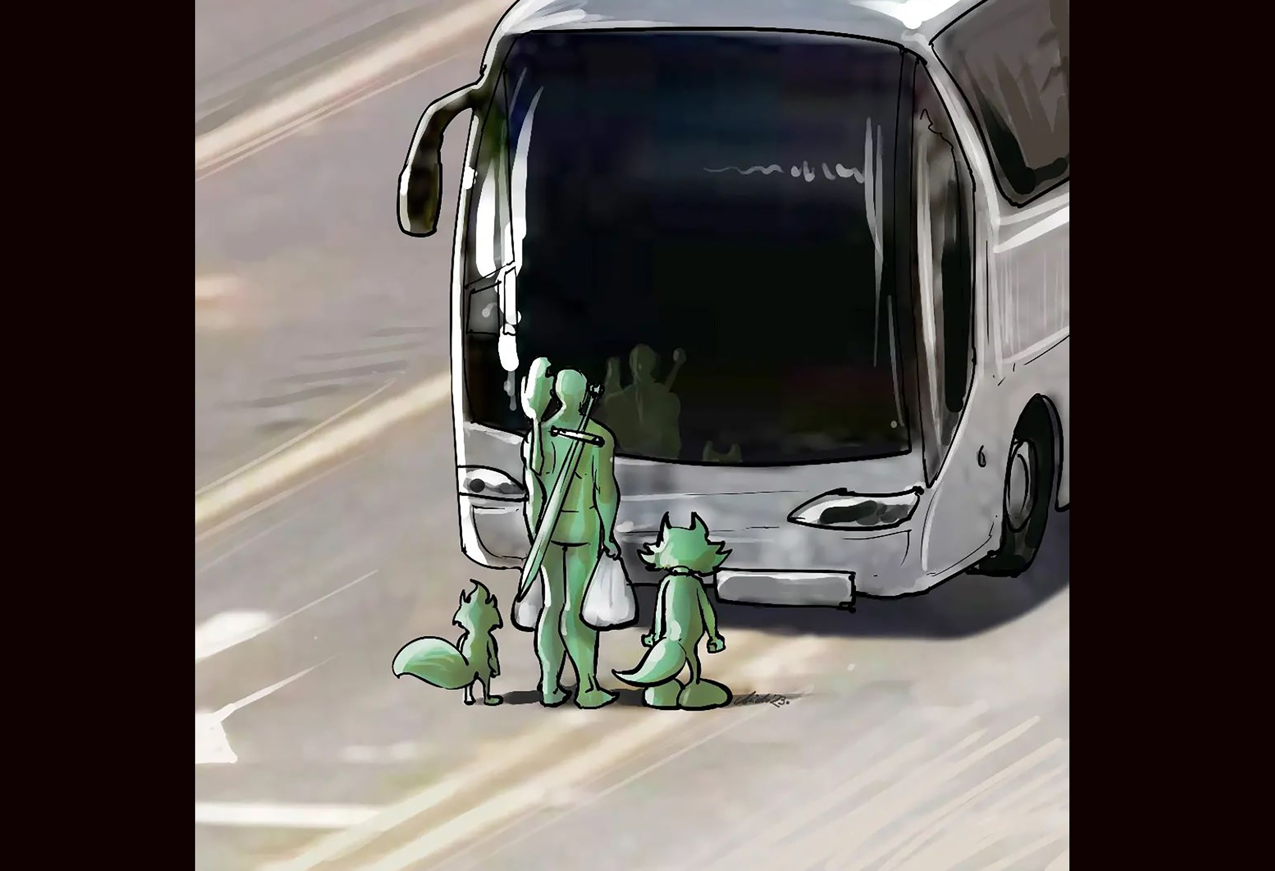 Pobednik, Zagi i Vučko kako stoje ispred autobusa