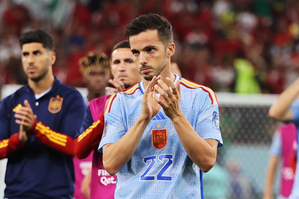 epa10352403 Pablo Sarabia of Spain reacts as he greets the Spanish fans after the FIFA World Cup 2022 round of 16 soccer match between Morocco and Spain at Education City Stadium in Doha, Qatar, 06 December 2022.  EPA-EFE/Mohamed Messara