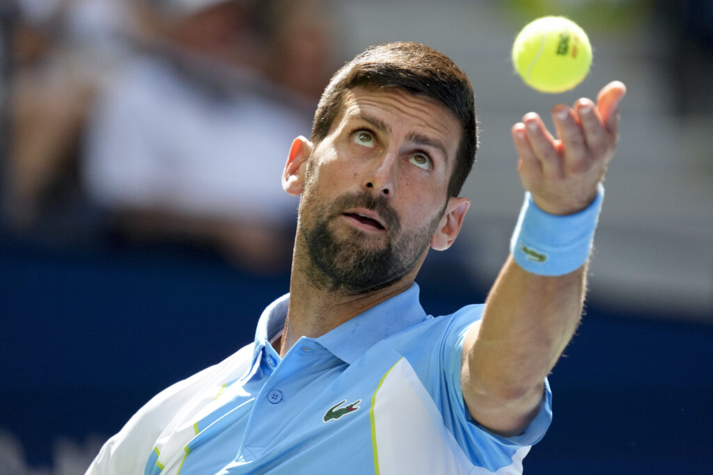 Novak Djokovic, of Serbia, serves to Bernabe Zapata Miralles, of Spain, during the second round of the U.S. Open tennis championships, Wednesday, Aug. 30, 2023, in New York. (AP Photo/John Minchillo)