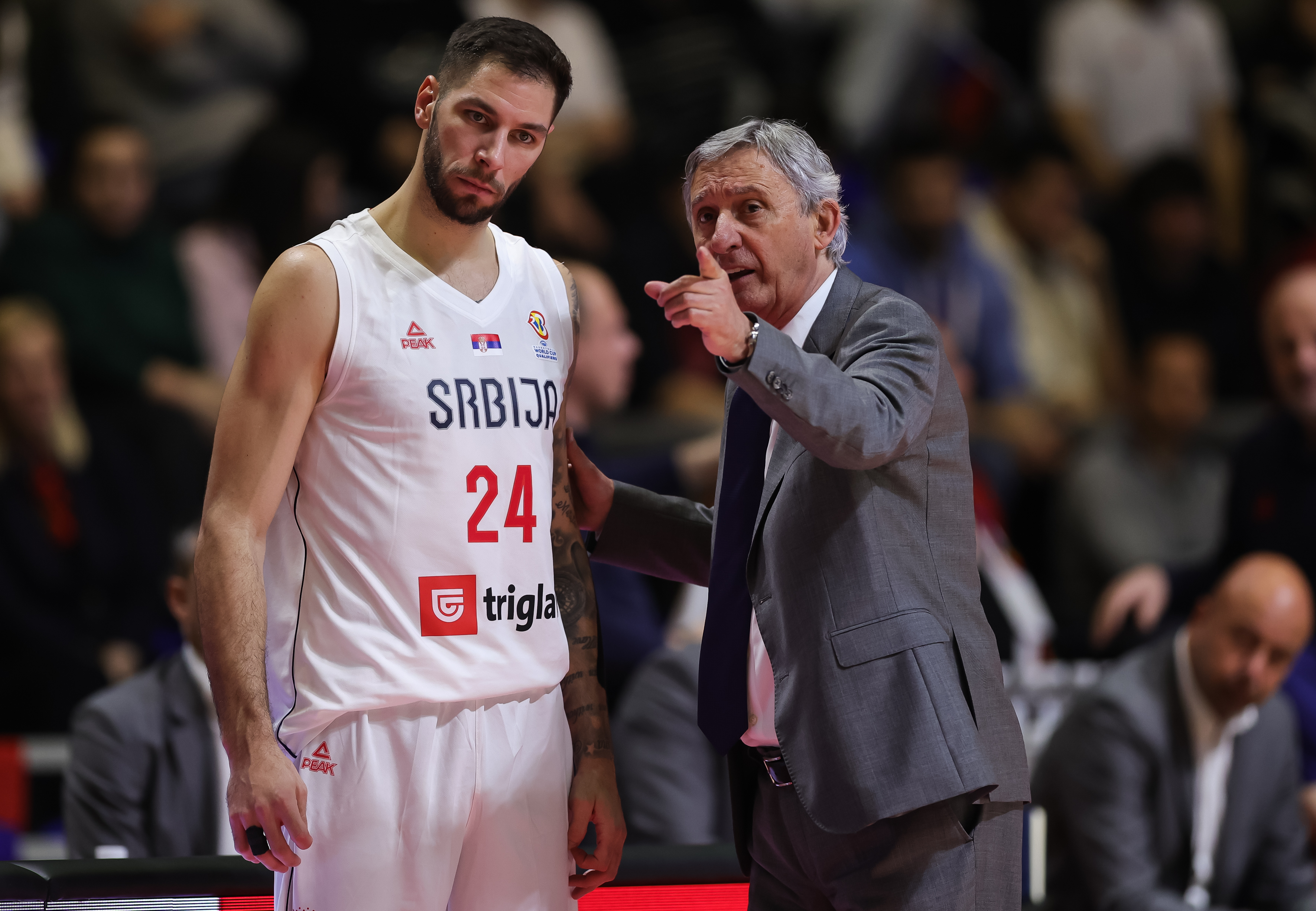 Stefan Jovic (L) and Head coach Svetislav Pesic during the FIBA World Cup Qualifier match Serbia and Great Britain at Aleksandar Nikolic hall on Beograd, 2702.2023. (Photo by Srdjan StevanovicStarsportphoto ©)