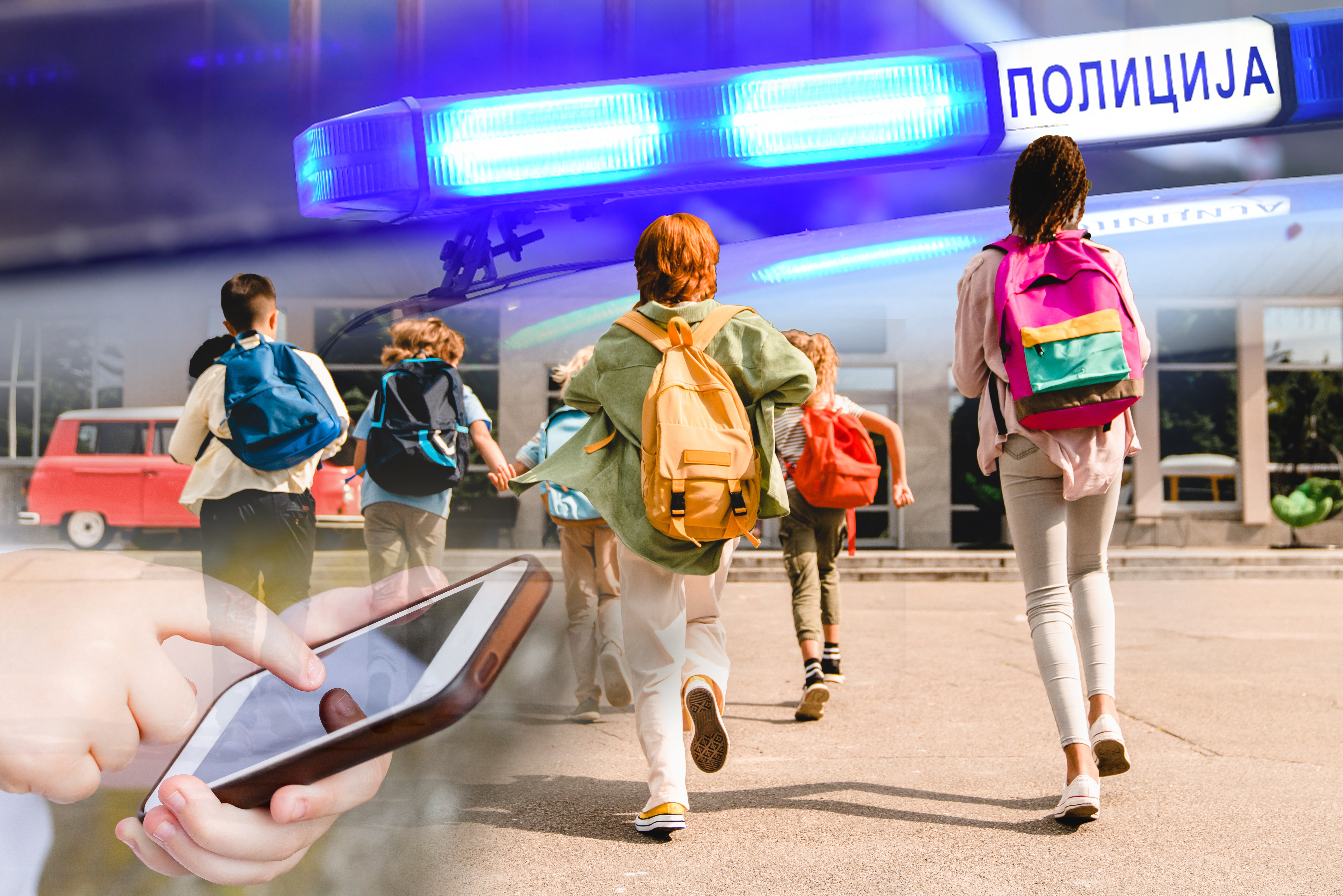 Little kids schoolchildren pupils students running hurrying to the school building for classes lessons from to the school bus. Welcome back to school. The new academic semester year start Surdulica snimanje eksplicitnih snimaka u školi kombo