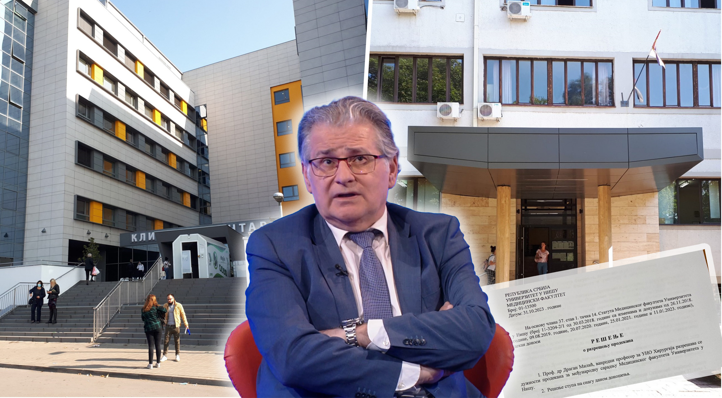 tema: Medicinski fakultet ucenjuje profesora Milića jer planira da uđe u politiku
kombo kaver: dr Dragan Milić (Niš) u fokus, iza njega UKC Niš i Medicinski fakultet u Nišu, a može i ovaj dokument (atač) negde u ćošku